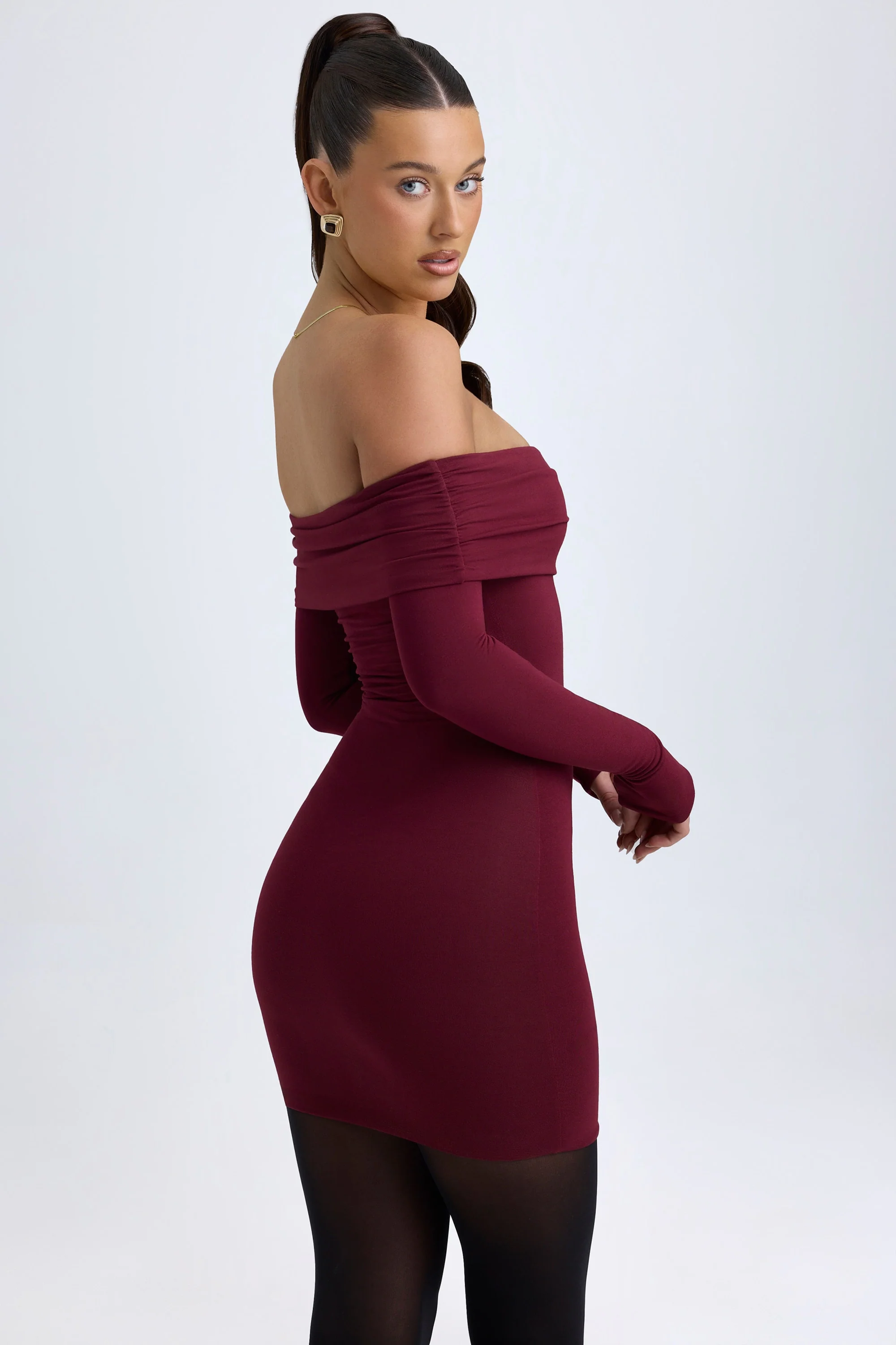 Modal Off-Shoulder Mini Dress in Wine Red - TREBLEV
