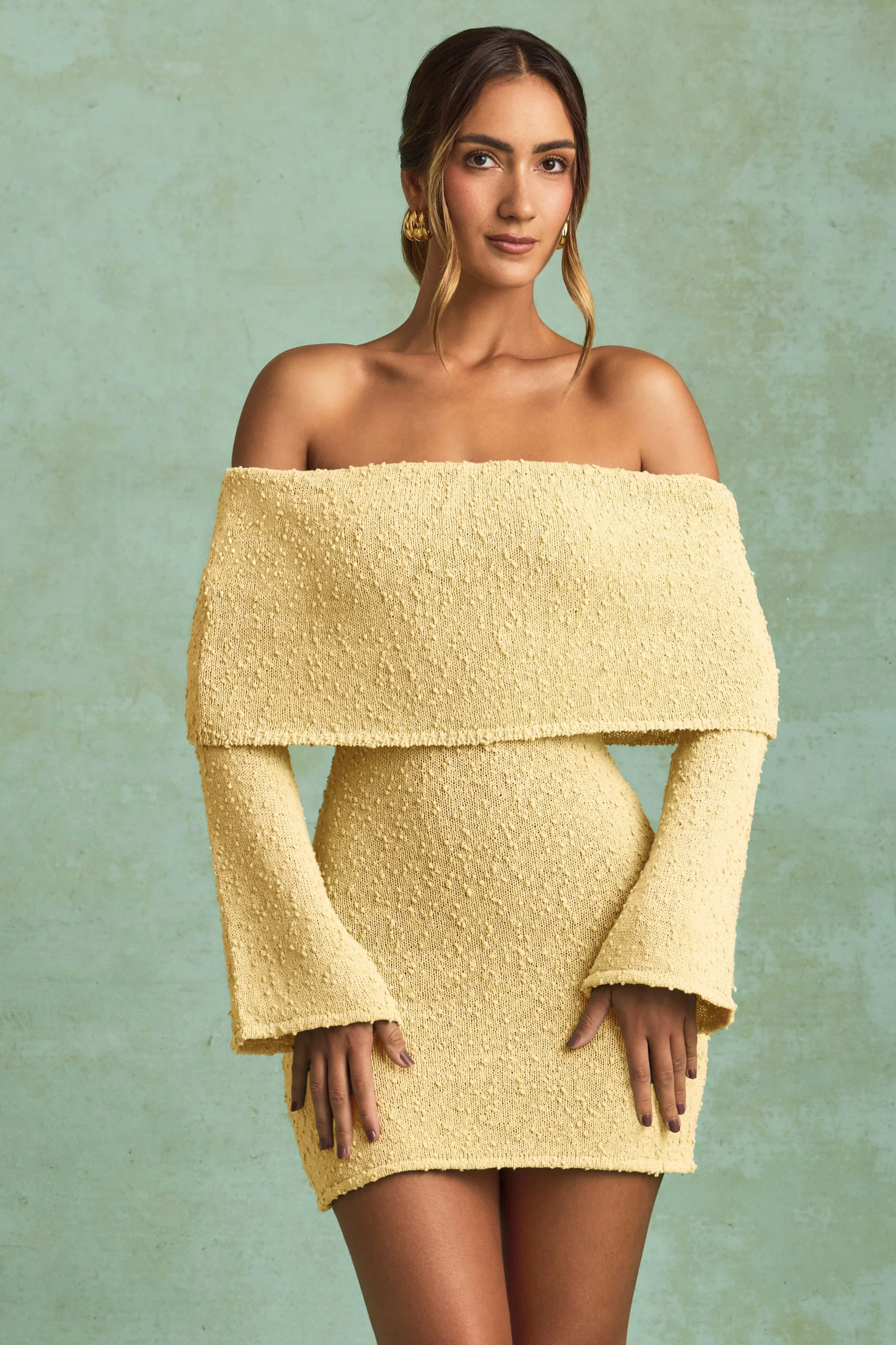 Bouclé Off-Shoulder Mini Dress in Yellow - TREBLEV