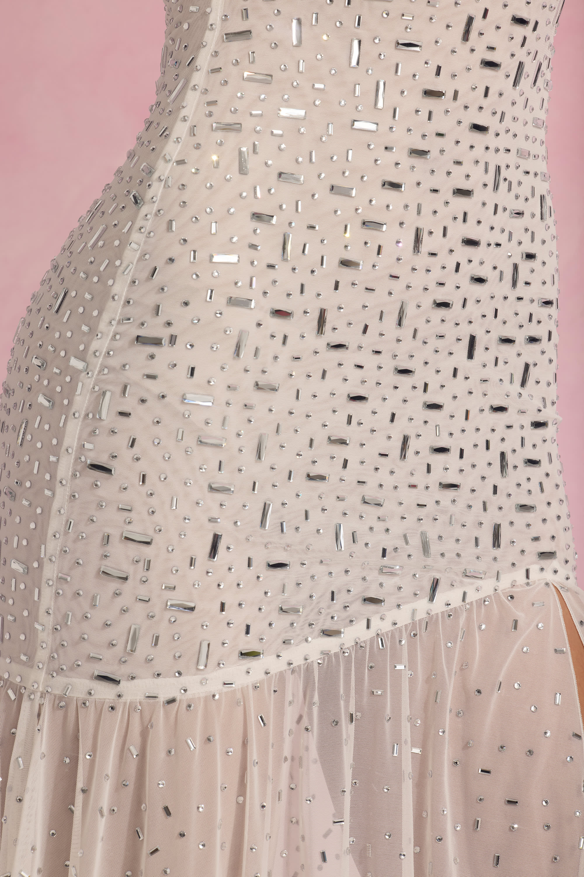 Semi-Sheer Embellished Asymmetric Maxi Dress in White - TREBLEV