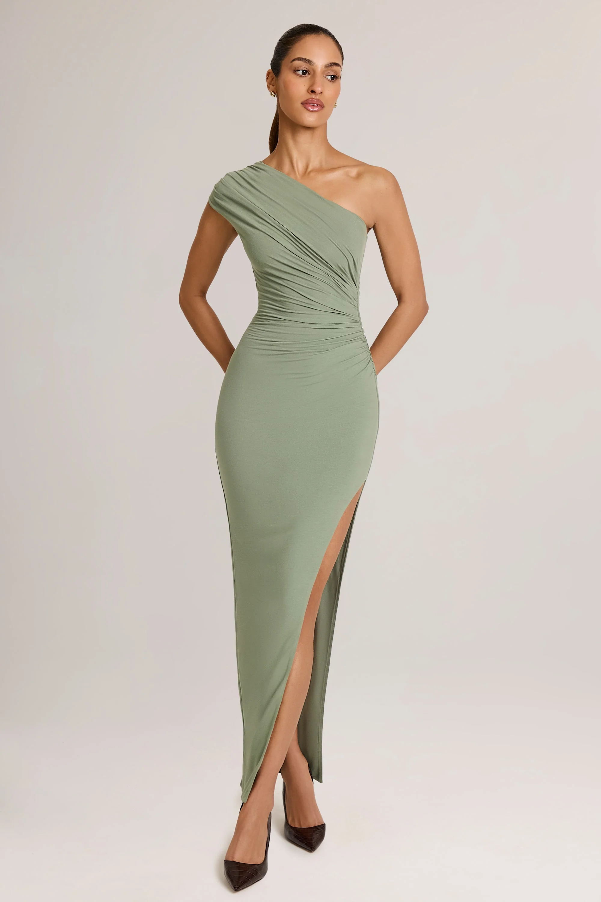 Modal Asymmetric Ruched Maxi Dress  in Sage Green - TREBLEV