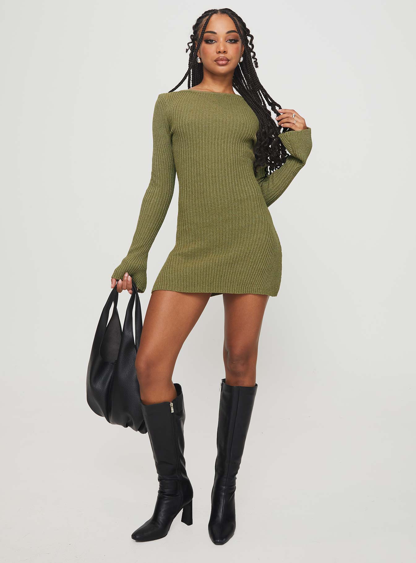 Osment Long Sleeve Knit Mini Dress Olive - TREBLEV