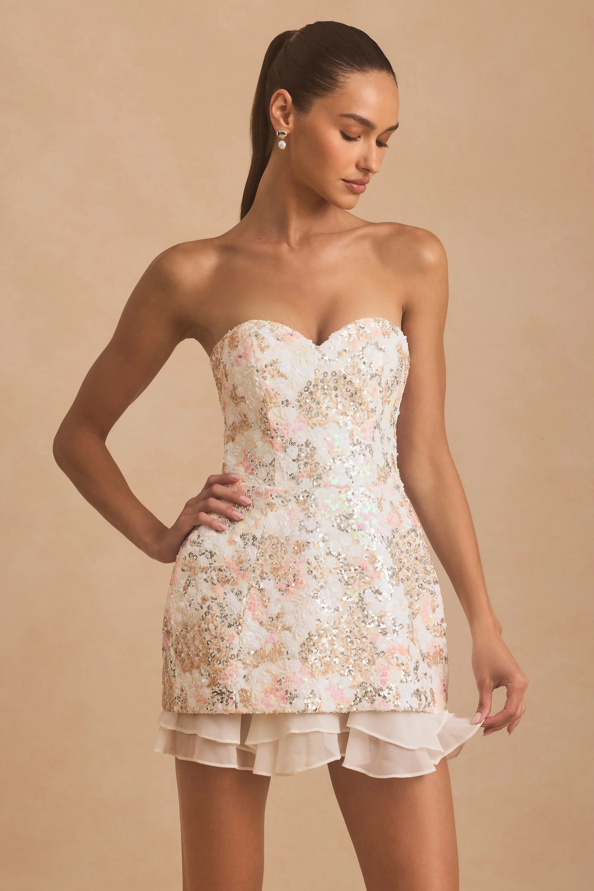 Embellished Strapless Corset Mini Dress in Ivory - TREBLEV
