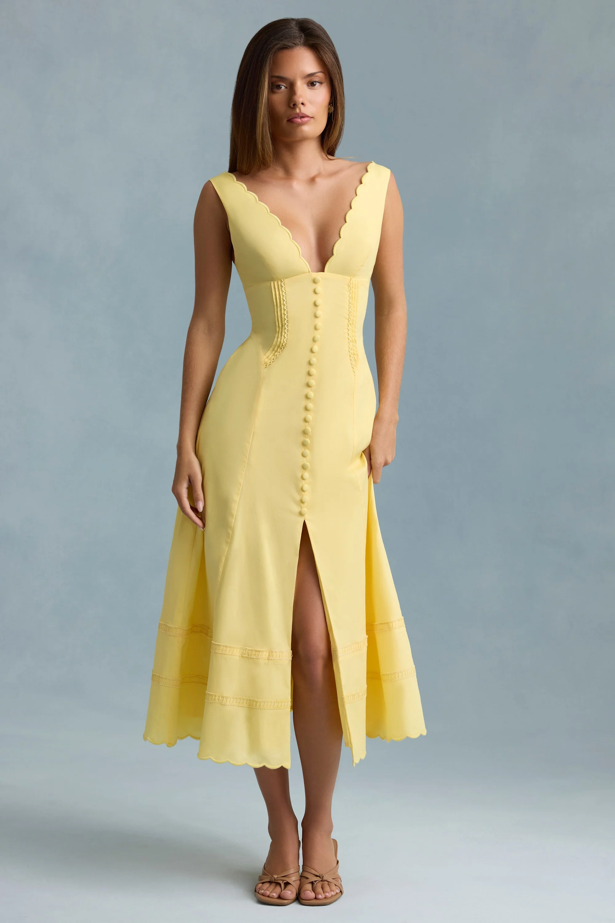 Cotton-Poplin A-Line Midaxi Dress in Pastel Yellow - TREBLEV