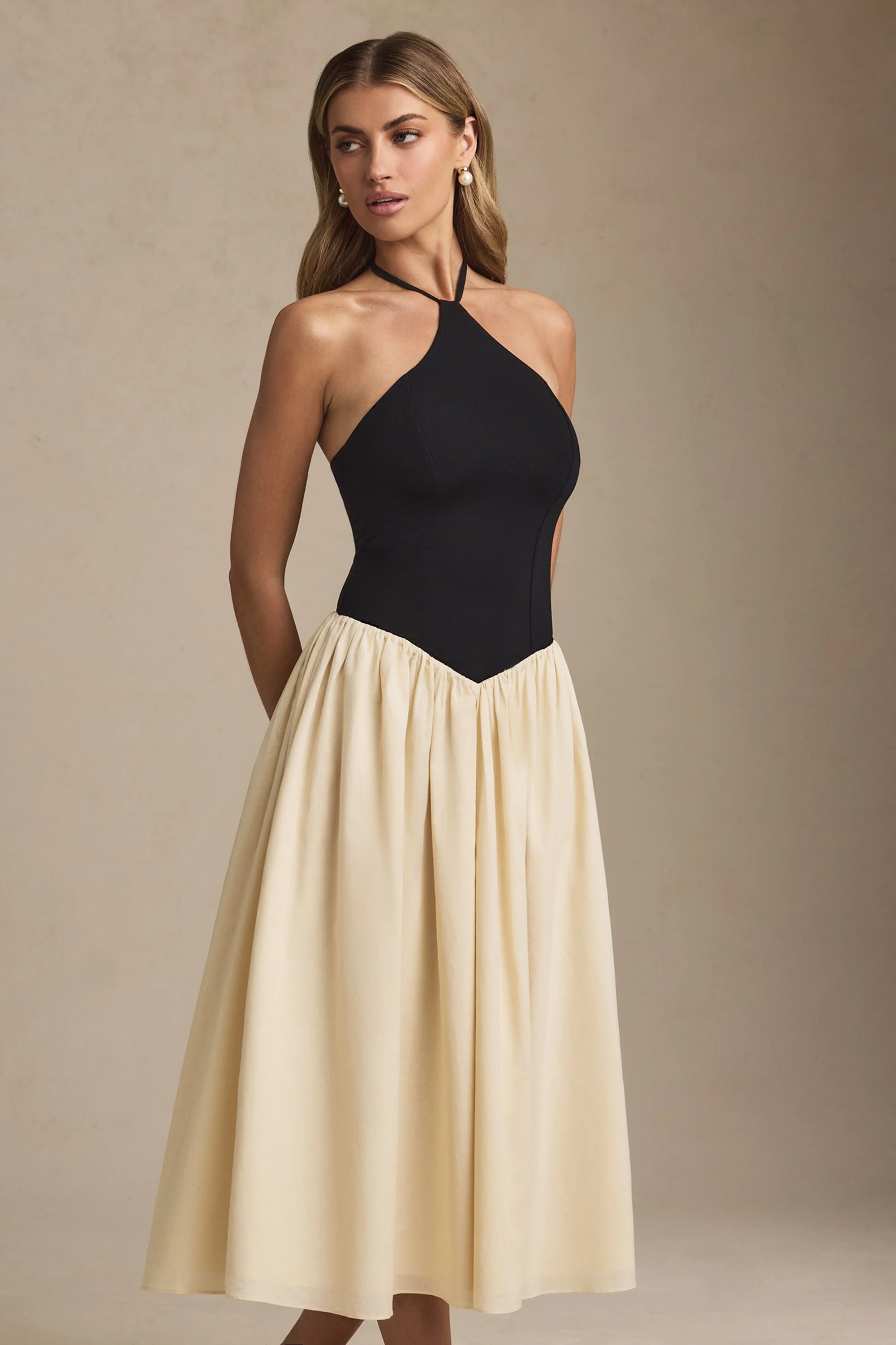 Halterneck A-Line Midaxi Dress in Black - TREBLEV