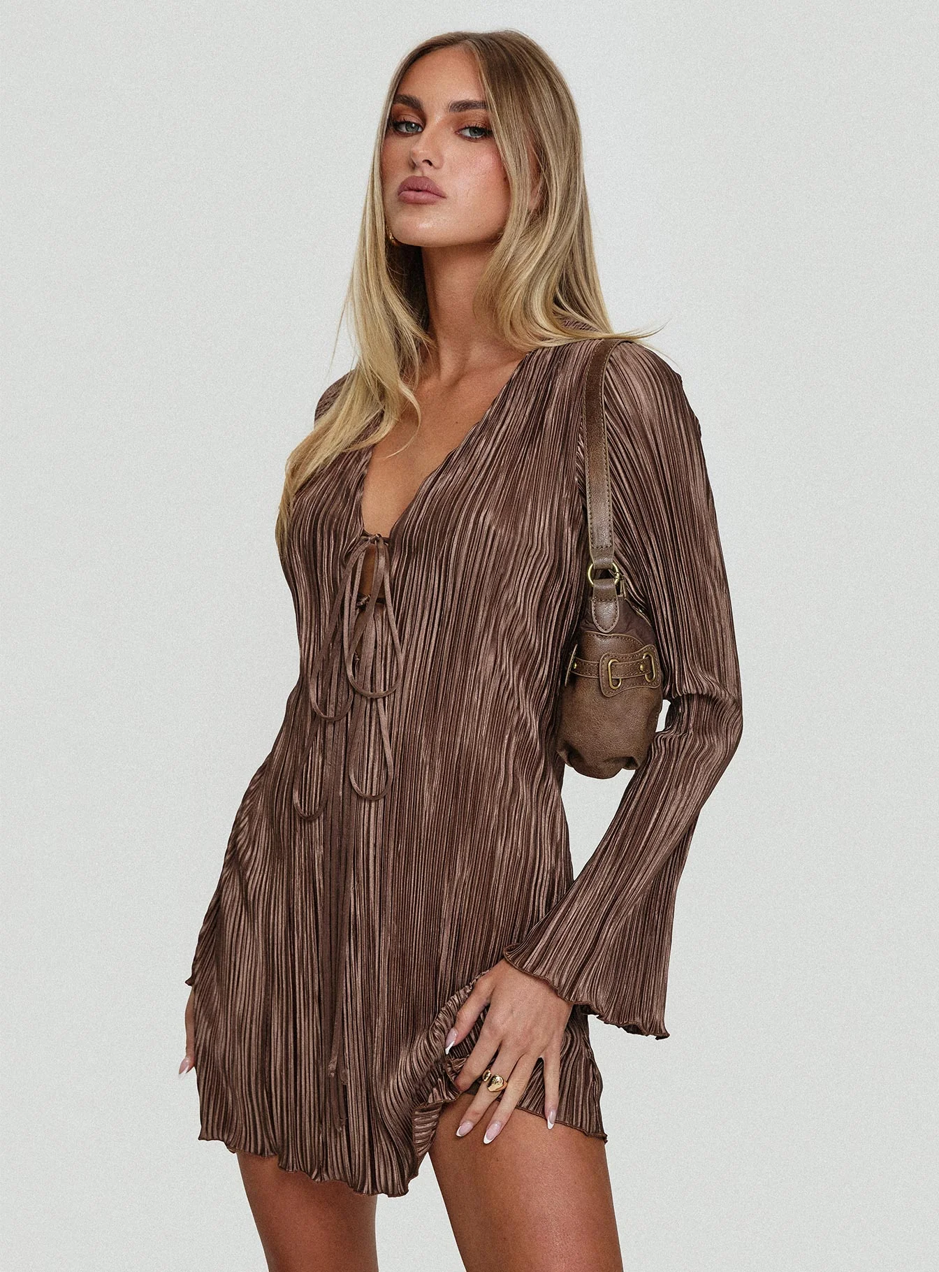 Malop Long Sleeve Mini Dress Chocolate - TREBLEV