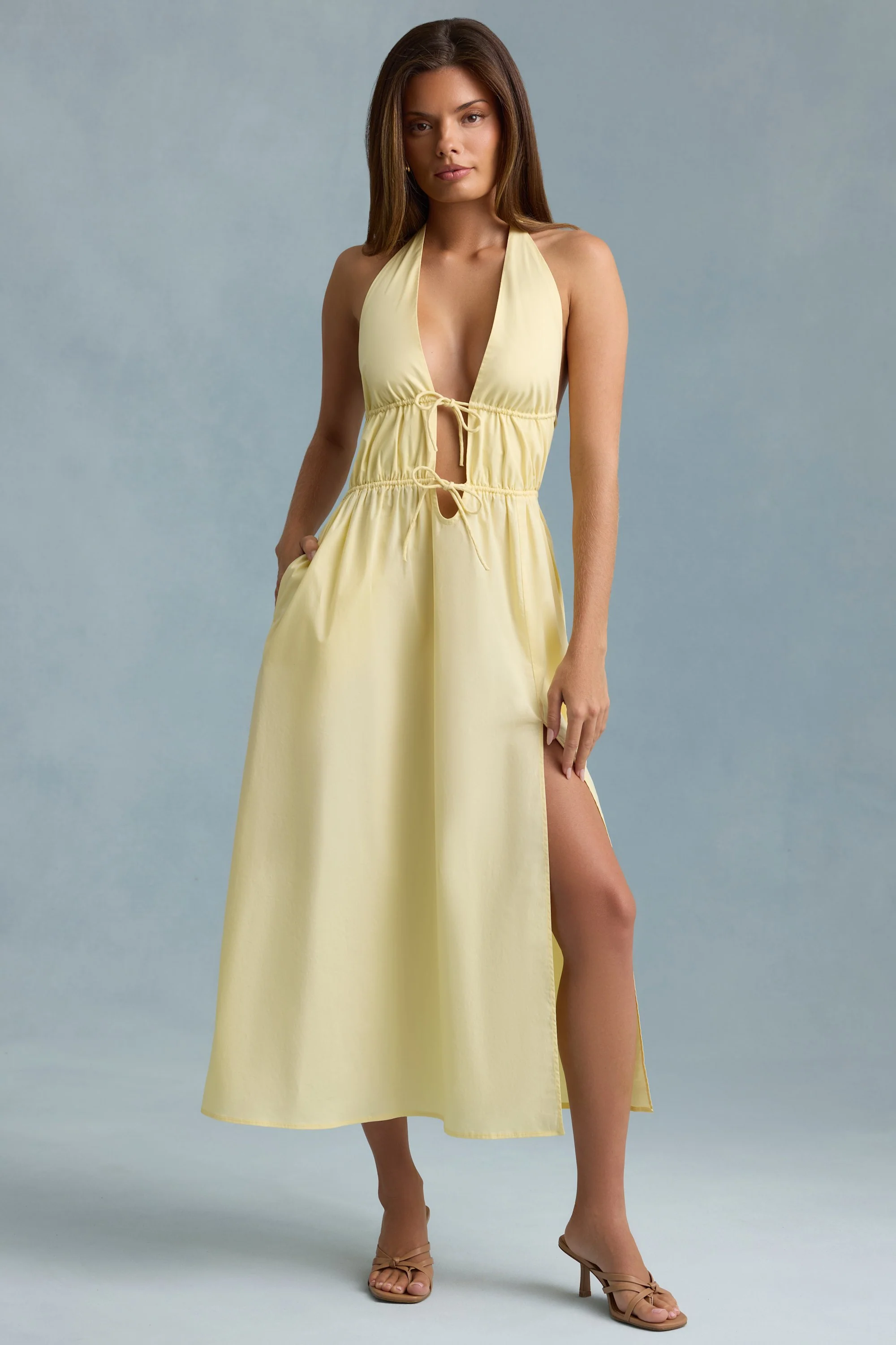 Backless Cotton-Poplin Midaxi Dress in Lemon Yellow - TREBLEV