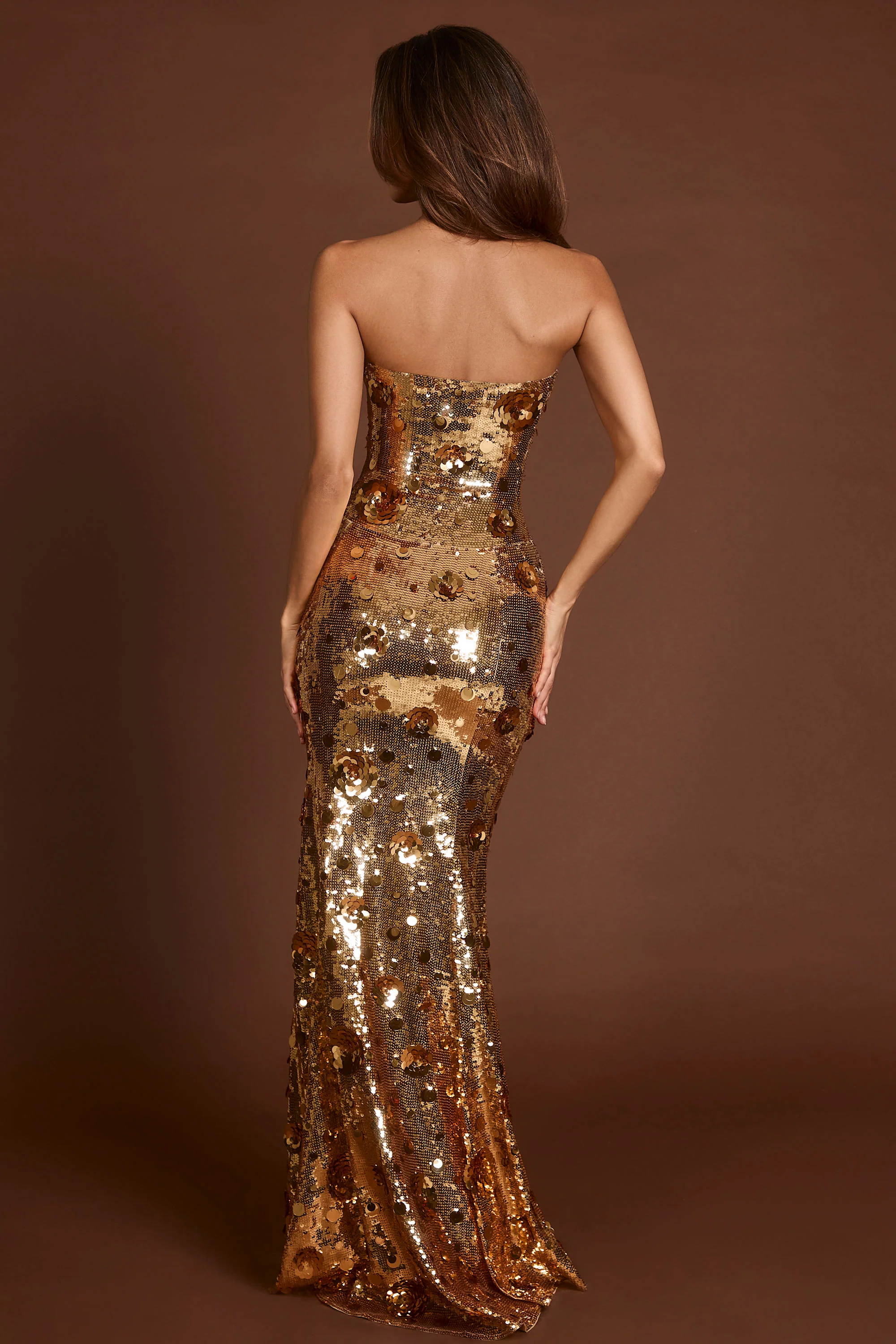 3D Embellished Bandeau Maxi Dress in Gold - TREBLEV