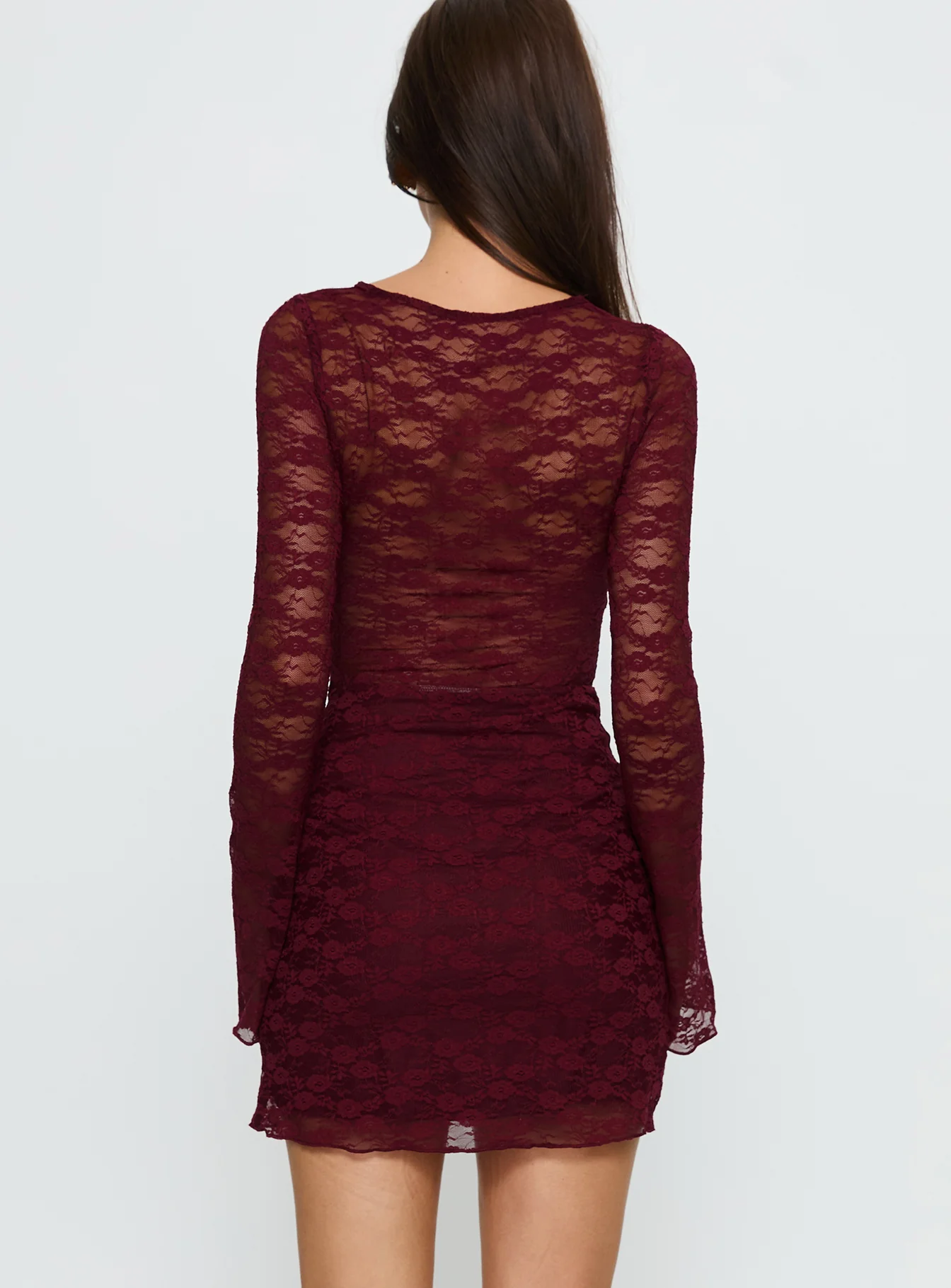 Best You Had Mesh Long Sleeve Mini Dress Burgundy - TREBLEV