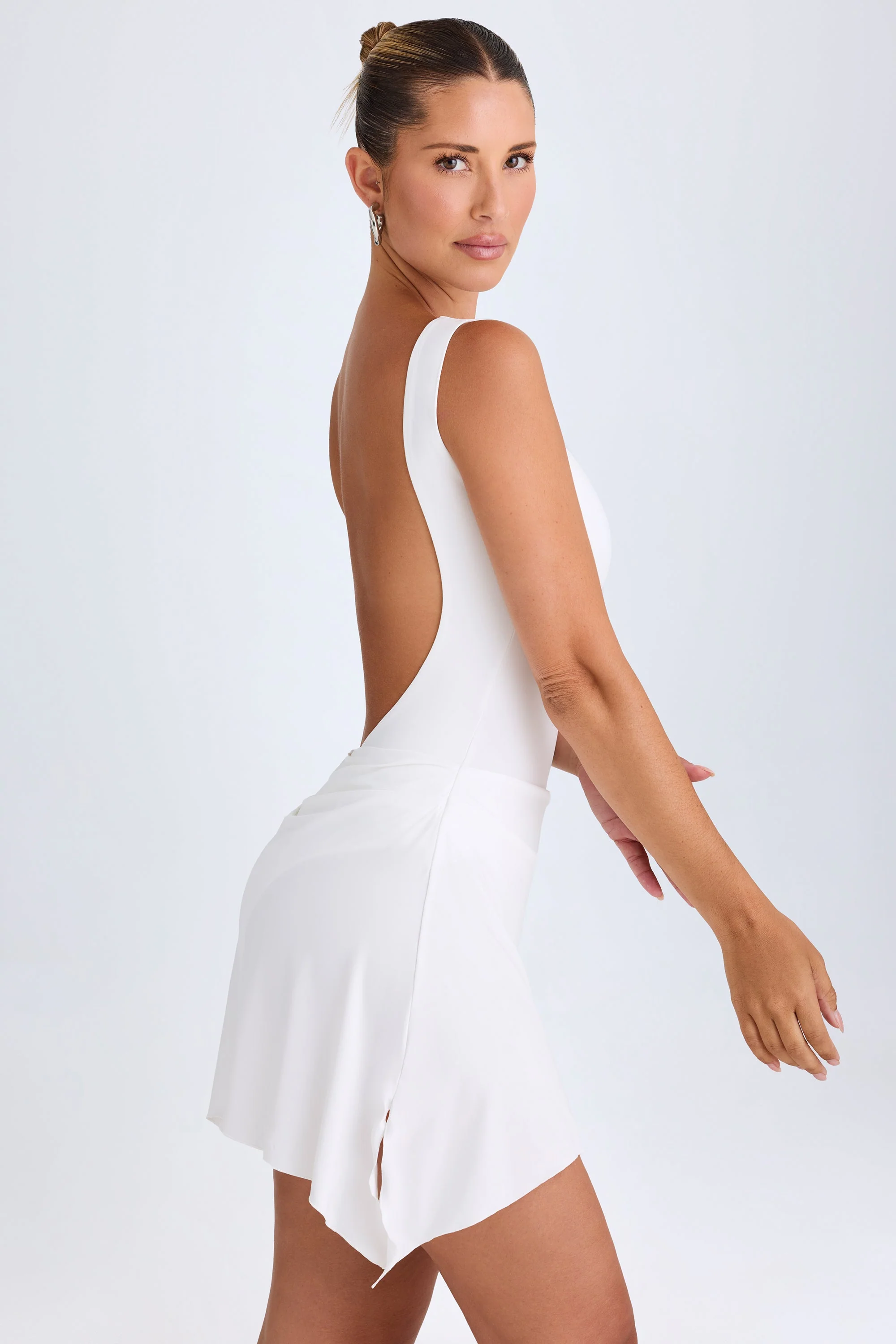 Draped Open-Back Mini Dress in White - TREBLEV