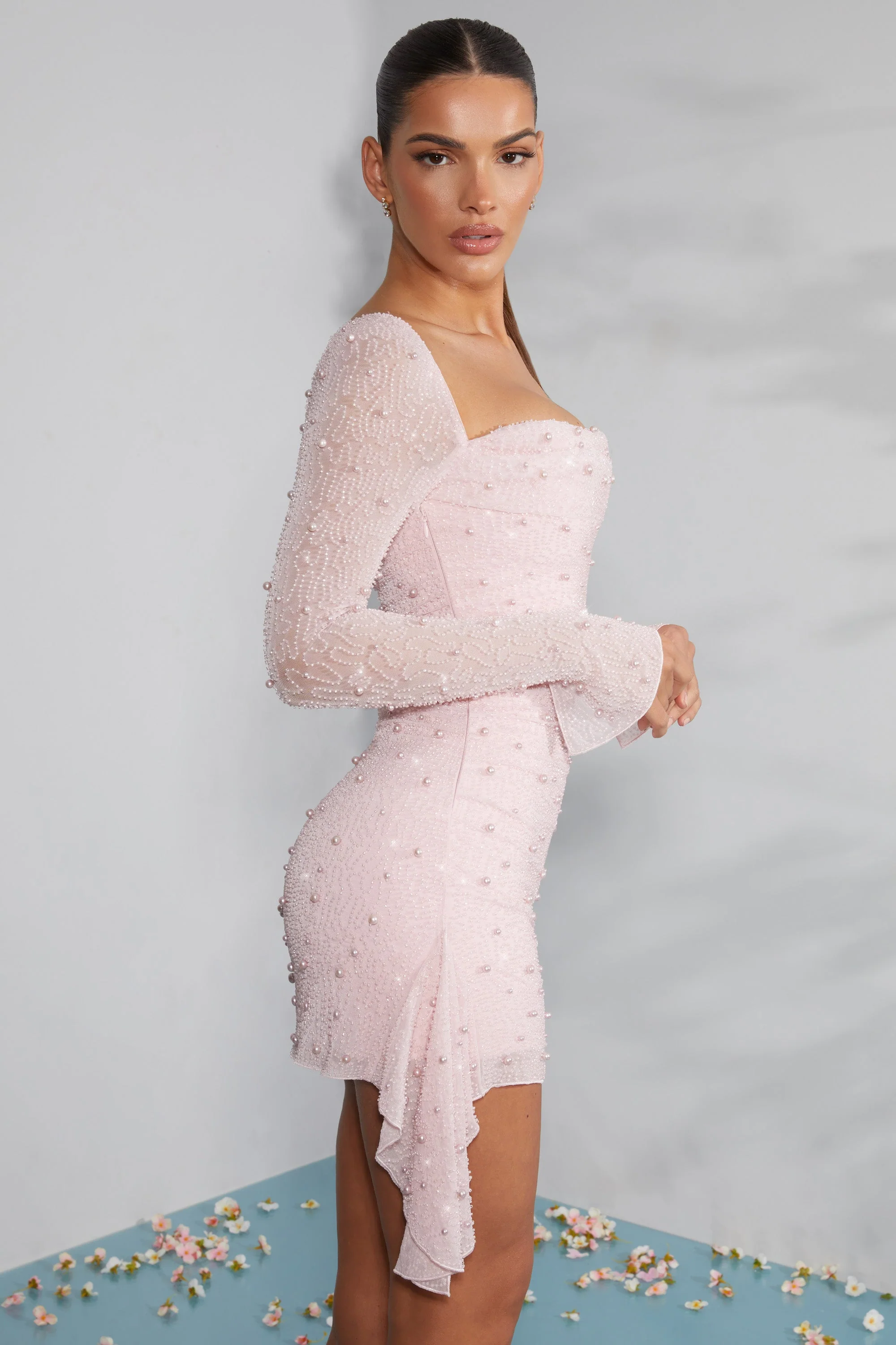 Long Sleeve Embellished Cowl Neck Mini Dress in Blush - TREBLEV