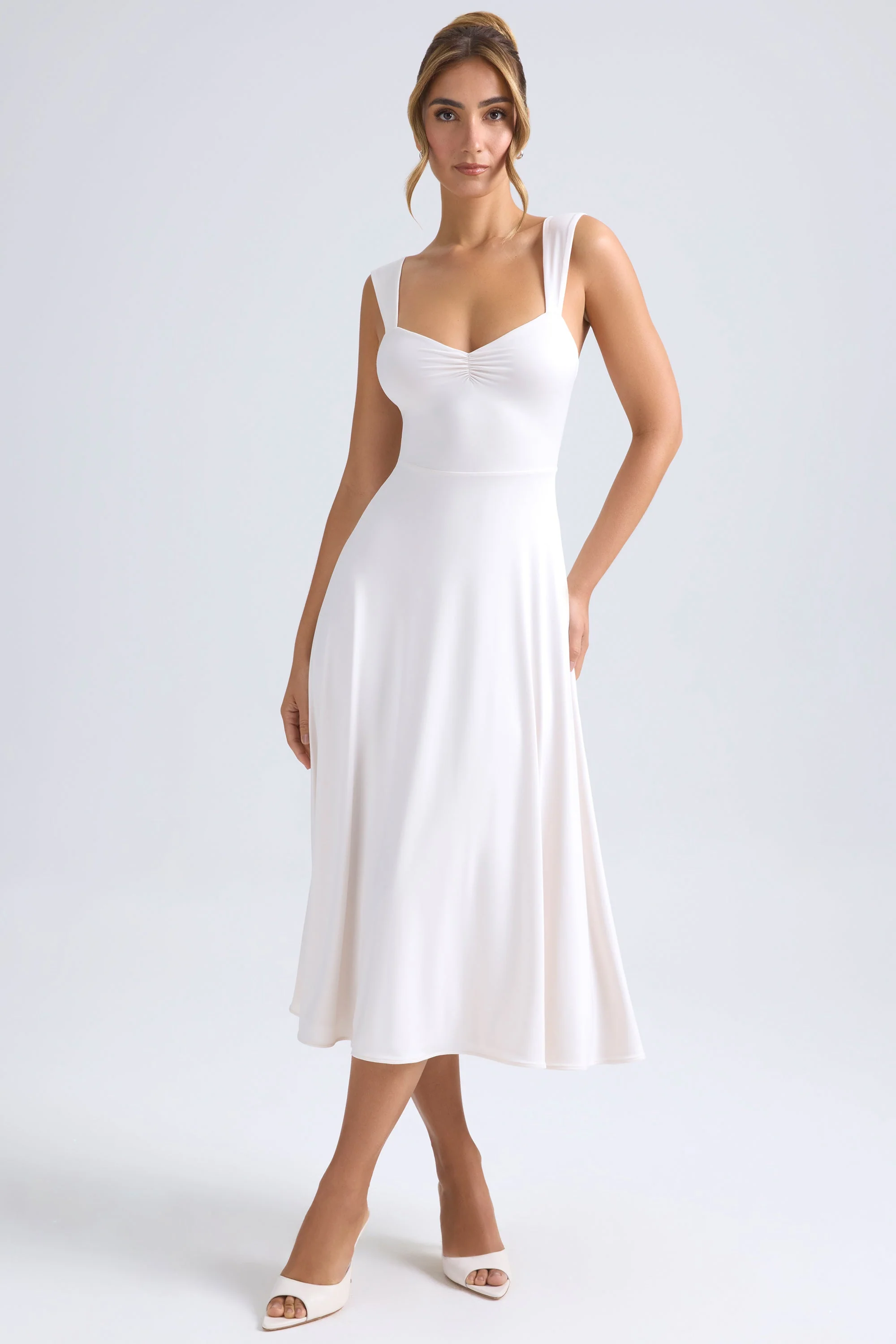 Sweetheart-Neck Ruched Midaxi Dress in Ivory - TREBLEV