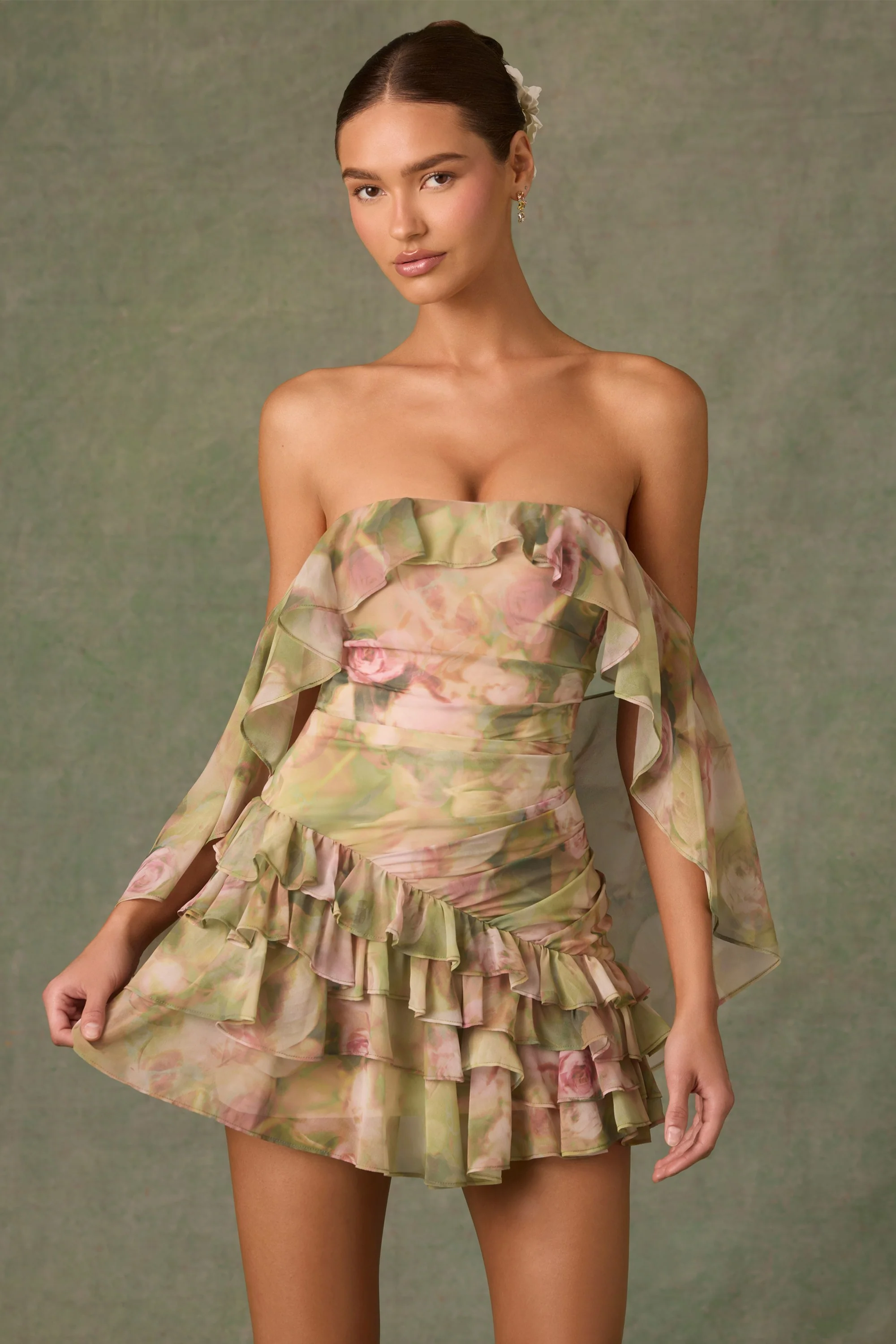 Off-Shoulder Ruffled Mini Dress in Floral Multi Print - TREBLEV