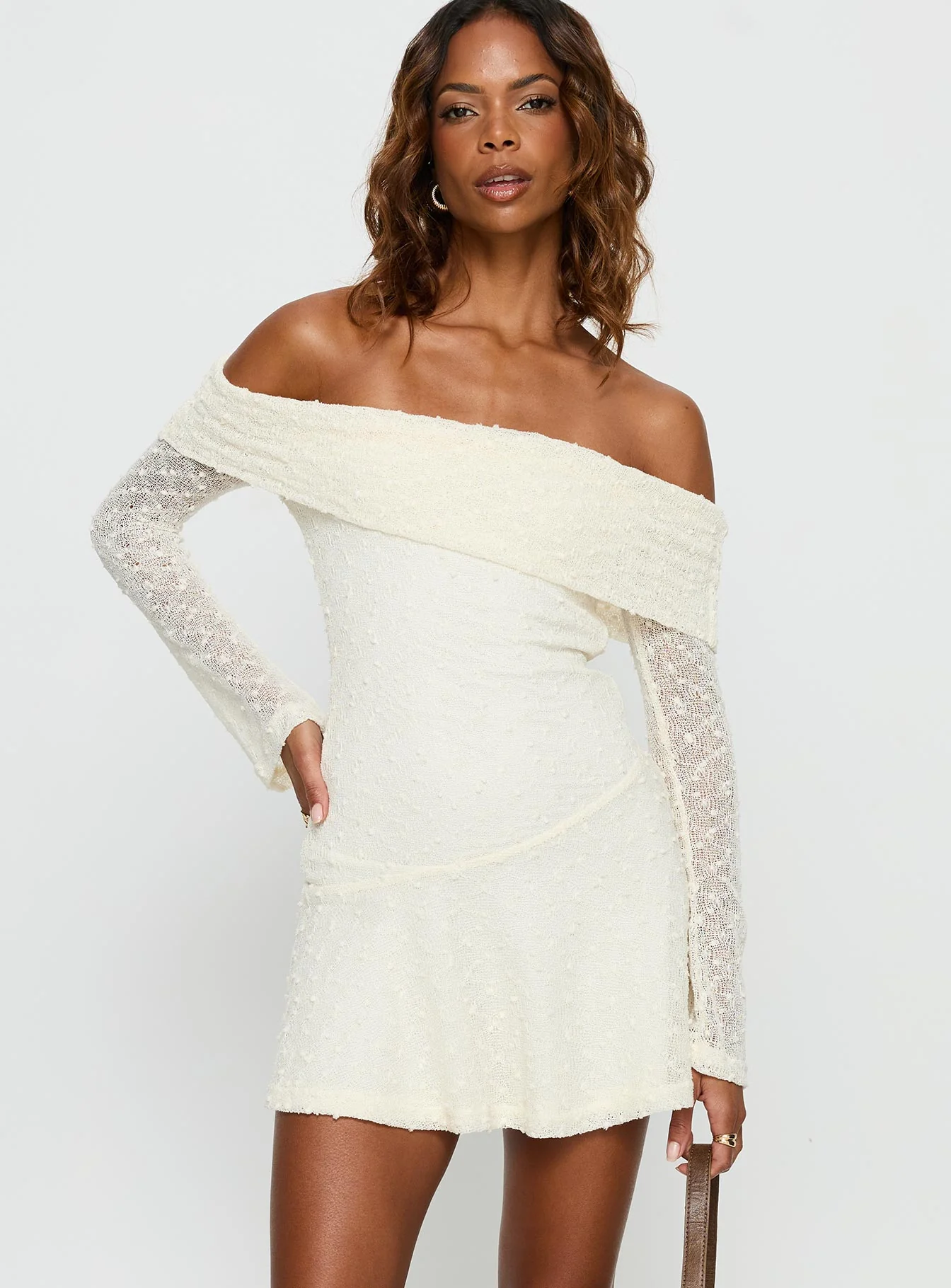 Ivee Off Shoulder Long Sleeve Mini Dress Cream - TREBLEV