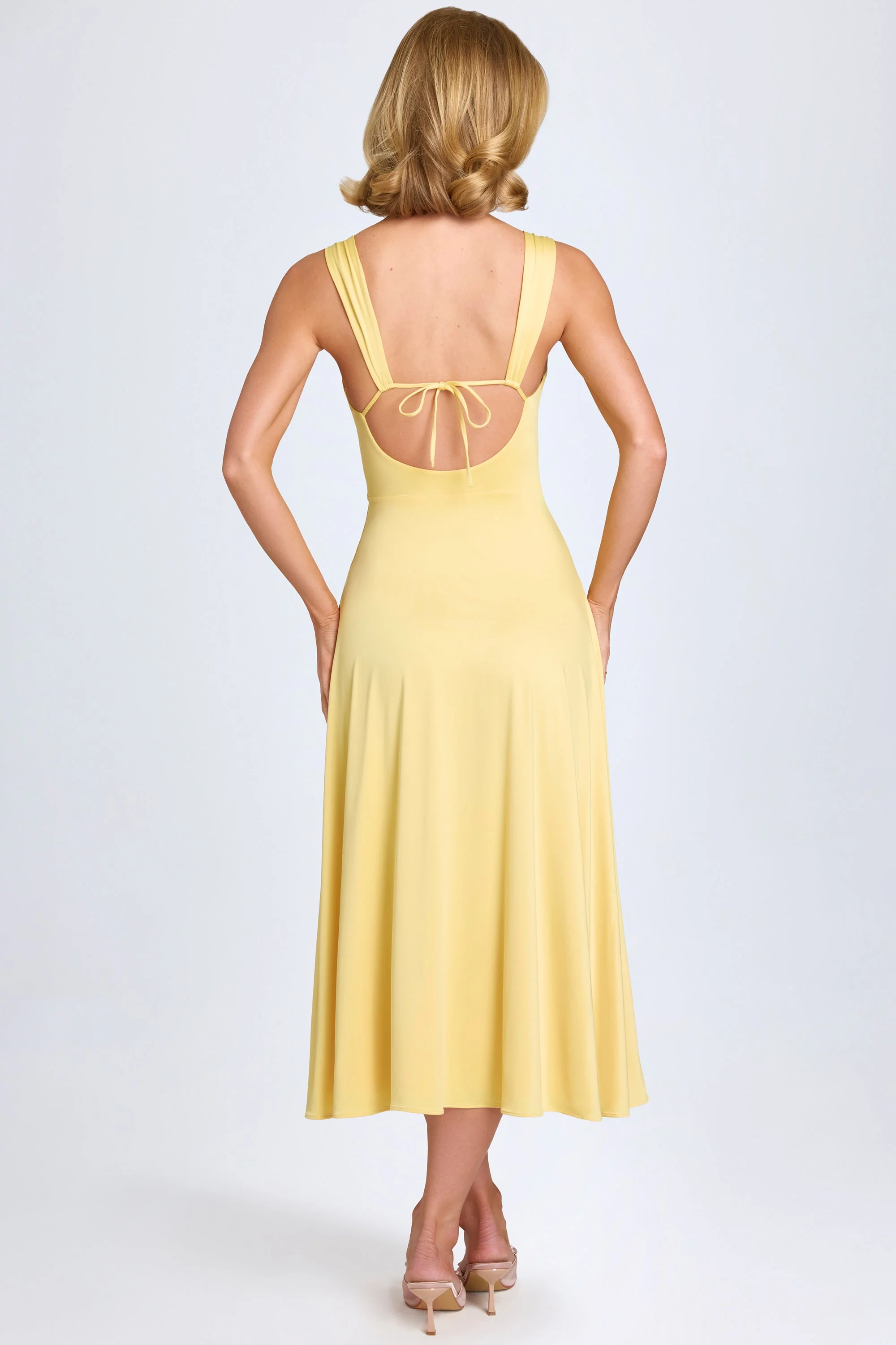 Sweetheart-Neck Ruched Midaxi Dress in Pastel Yellow - TREBLEV