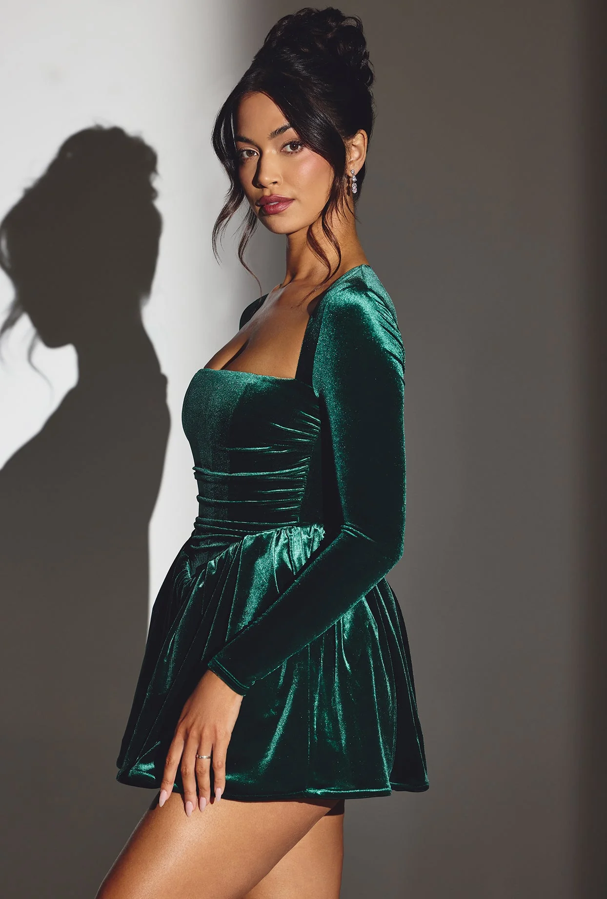 Velvet Long Sleeve Corset Mini Dress in Emerald Green - TREBLEV