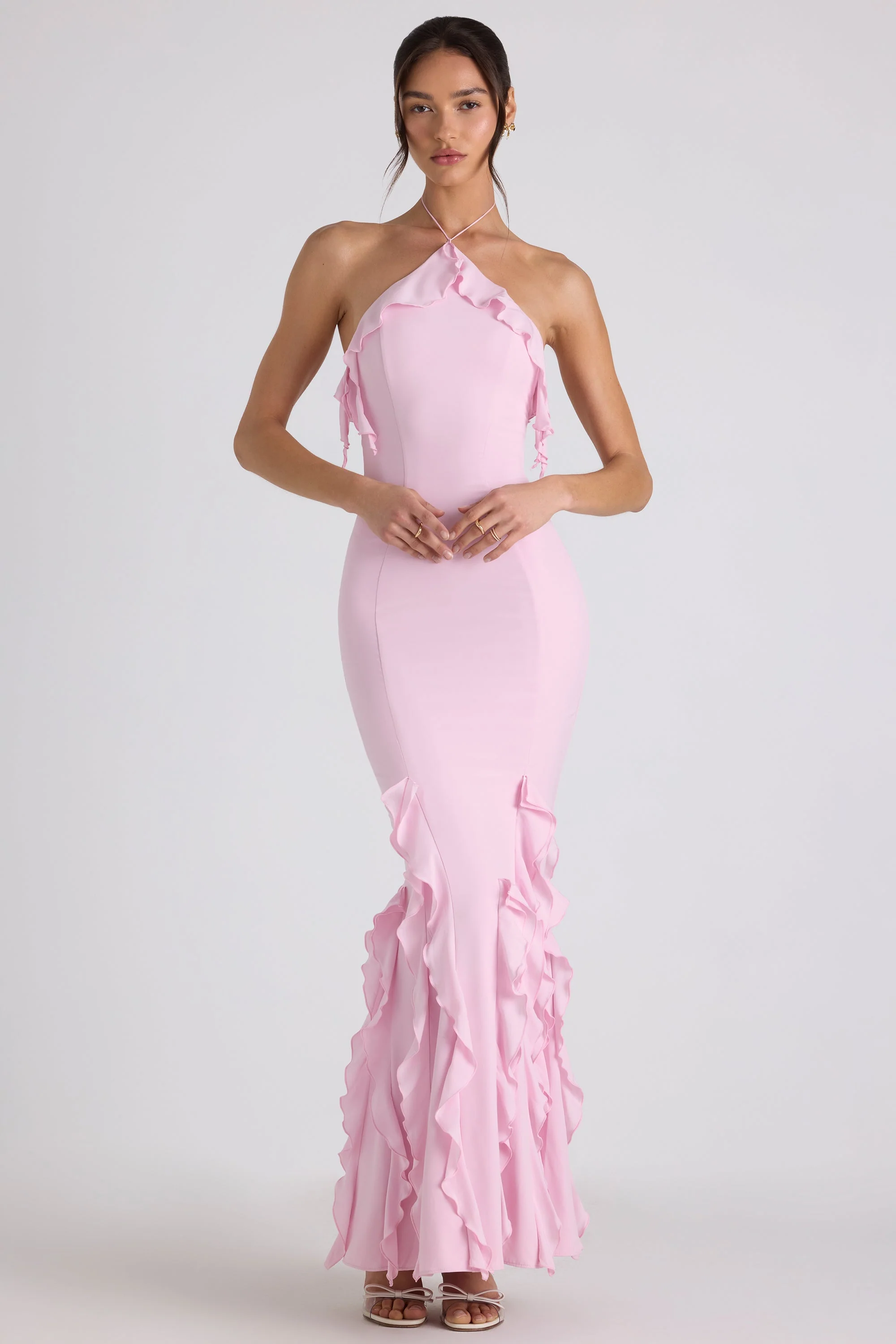 Ruffle-Trim Halterneck Gown in Soft Pink - TREBLEV