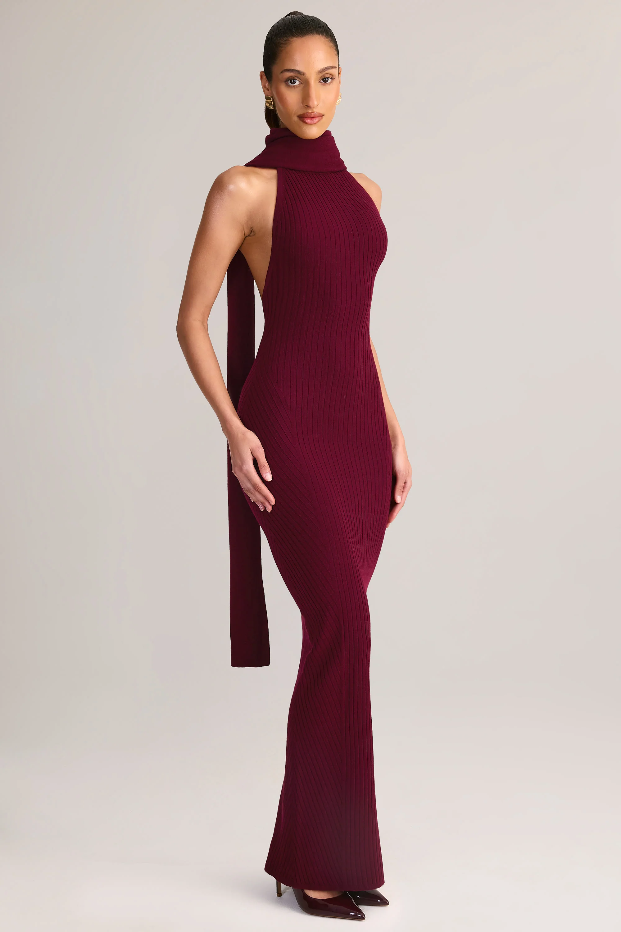 Knit Scarf-Detail Halterneck Maxi Dress in Wine - TREBLEV