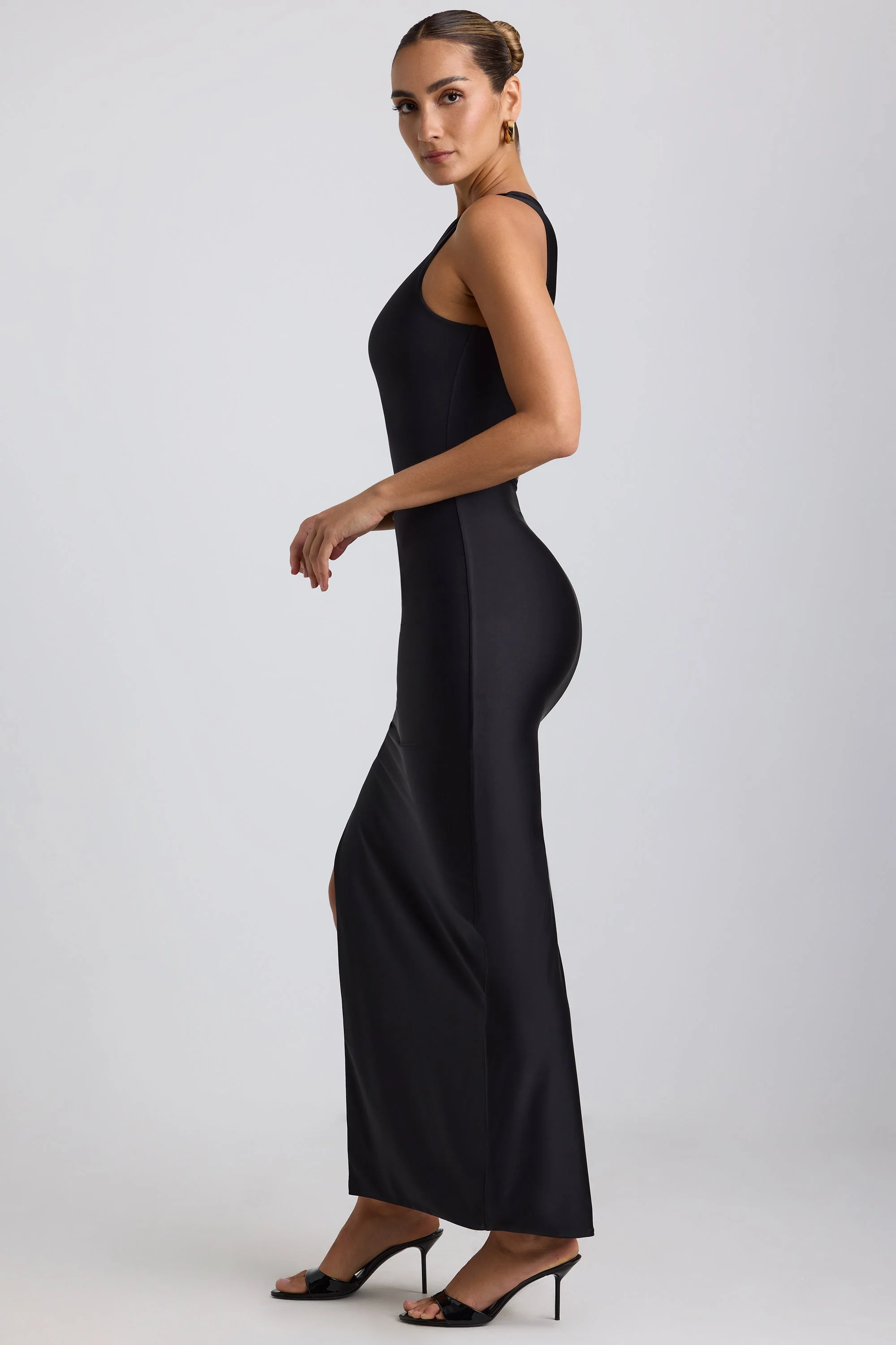 Ruched Asymmetric One-Shoulder Maxi Dress in Black - TREBLEV