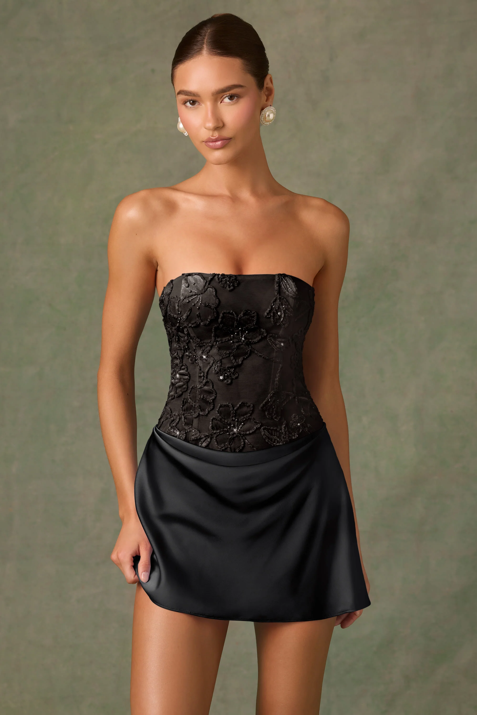 Embellished Draped Strapless A-Line Mini Dress in Black - TREBLEV