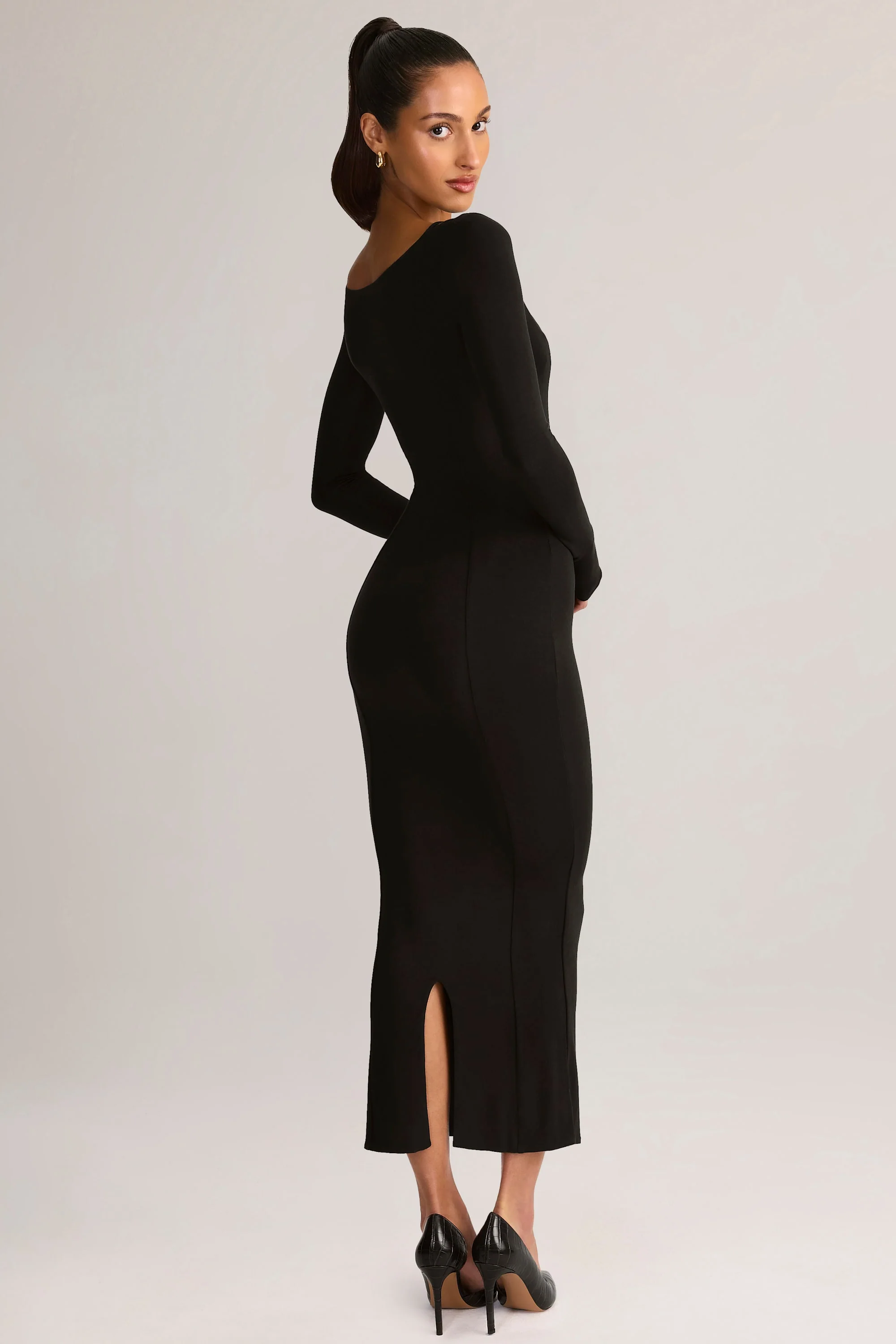 Modal Peekaboo Long-Sleeve Midi Dress in Black - TREBLEV