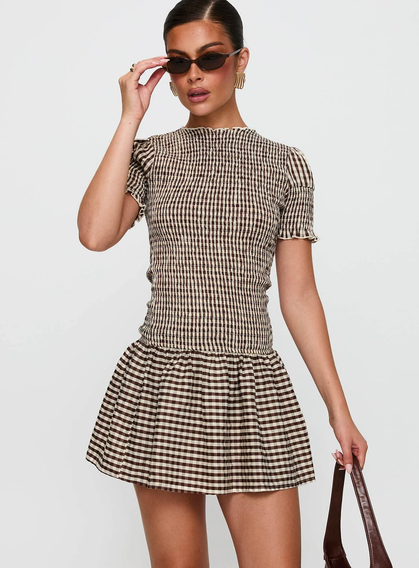 Laurita Shirred Mini Dress Brown Check - TREBLEV