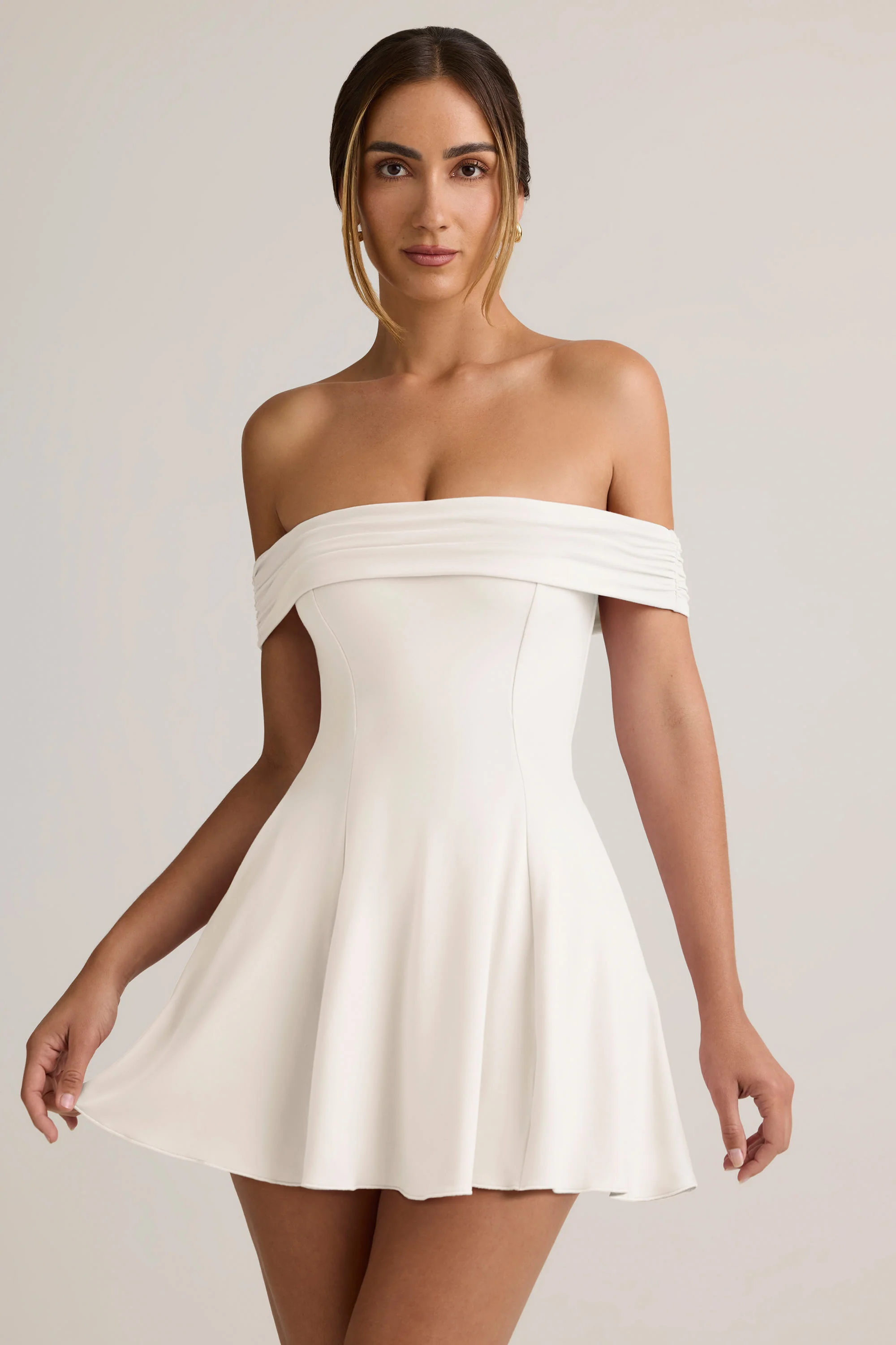 Modal Off-Shoulder A-Line Mini Dress in White - TREBLEV