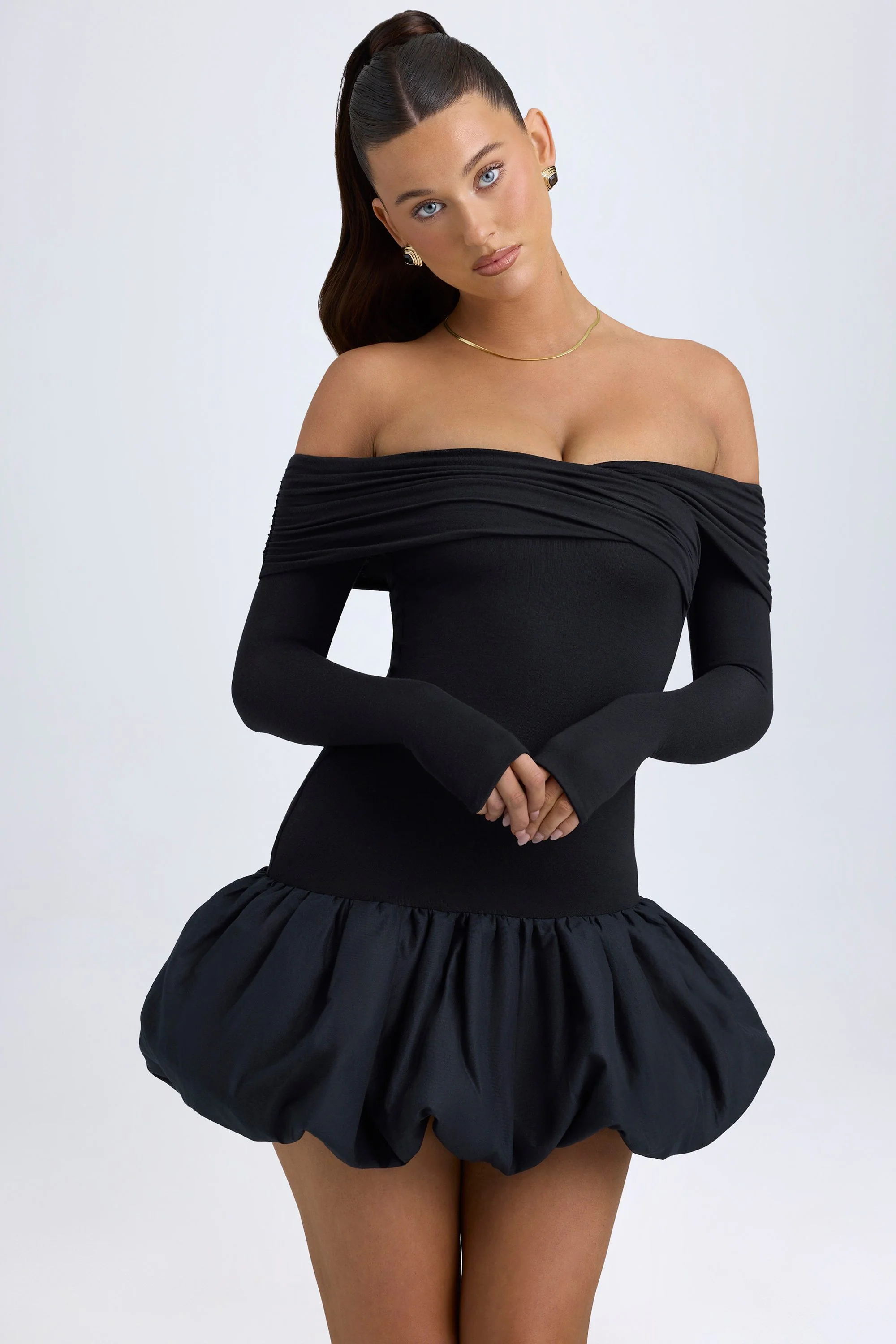Modal Off-Shoulder Bubble Hem Mini Dress in Black - TREBLEV