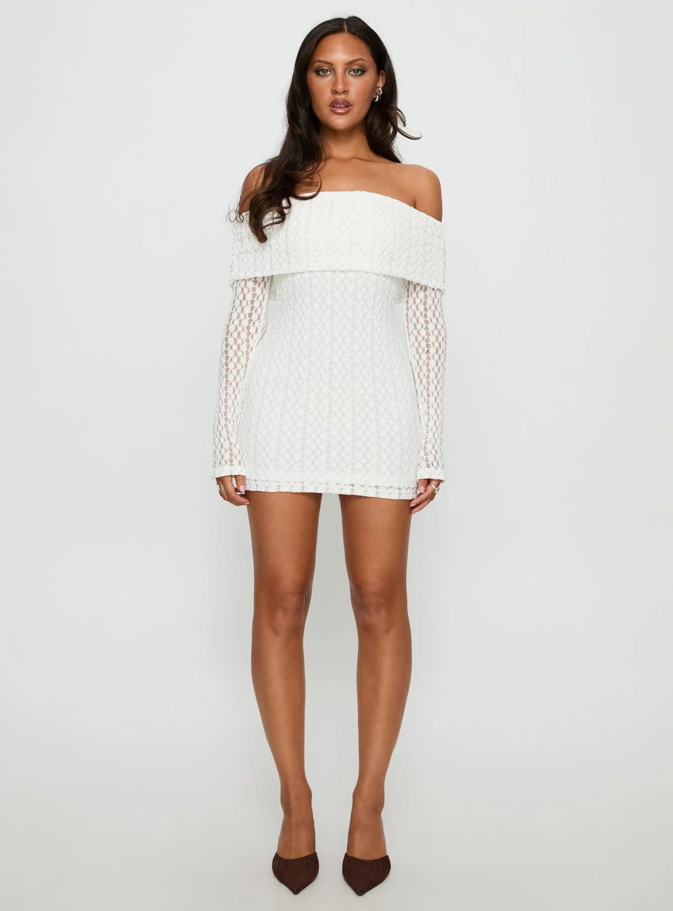 Leora Off Shoulder Long Sleeve Mini Dress White - TREBLEV