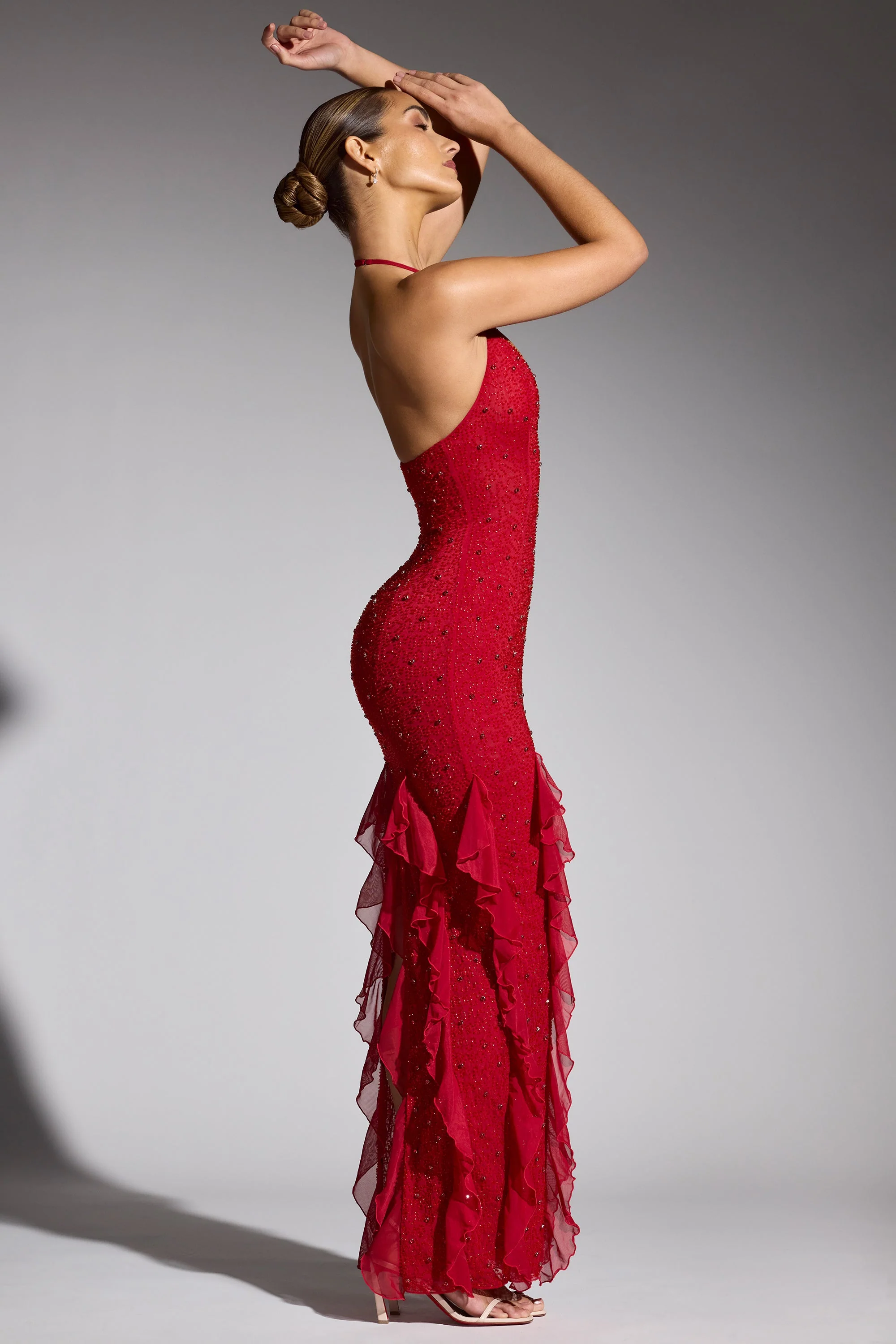 Embellished Halter Neck Ruffle Maxi Dress in Red - TREBLEV