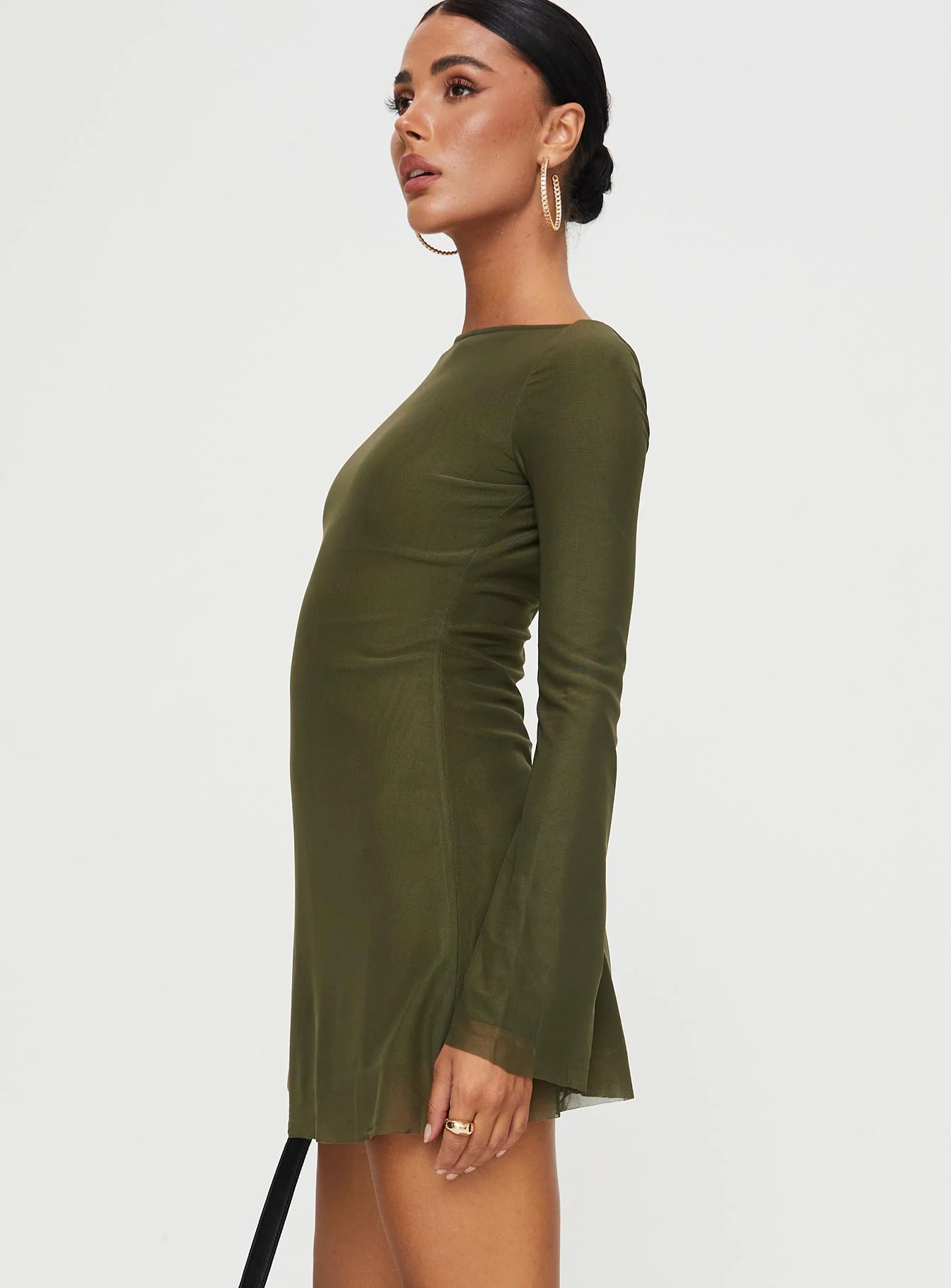 Lukea Long Sleeve Mesh Mini Dress Olive - TREBLEV