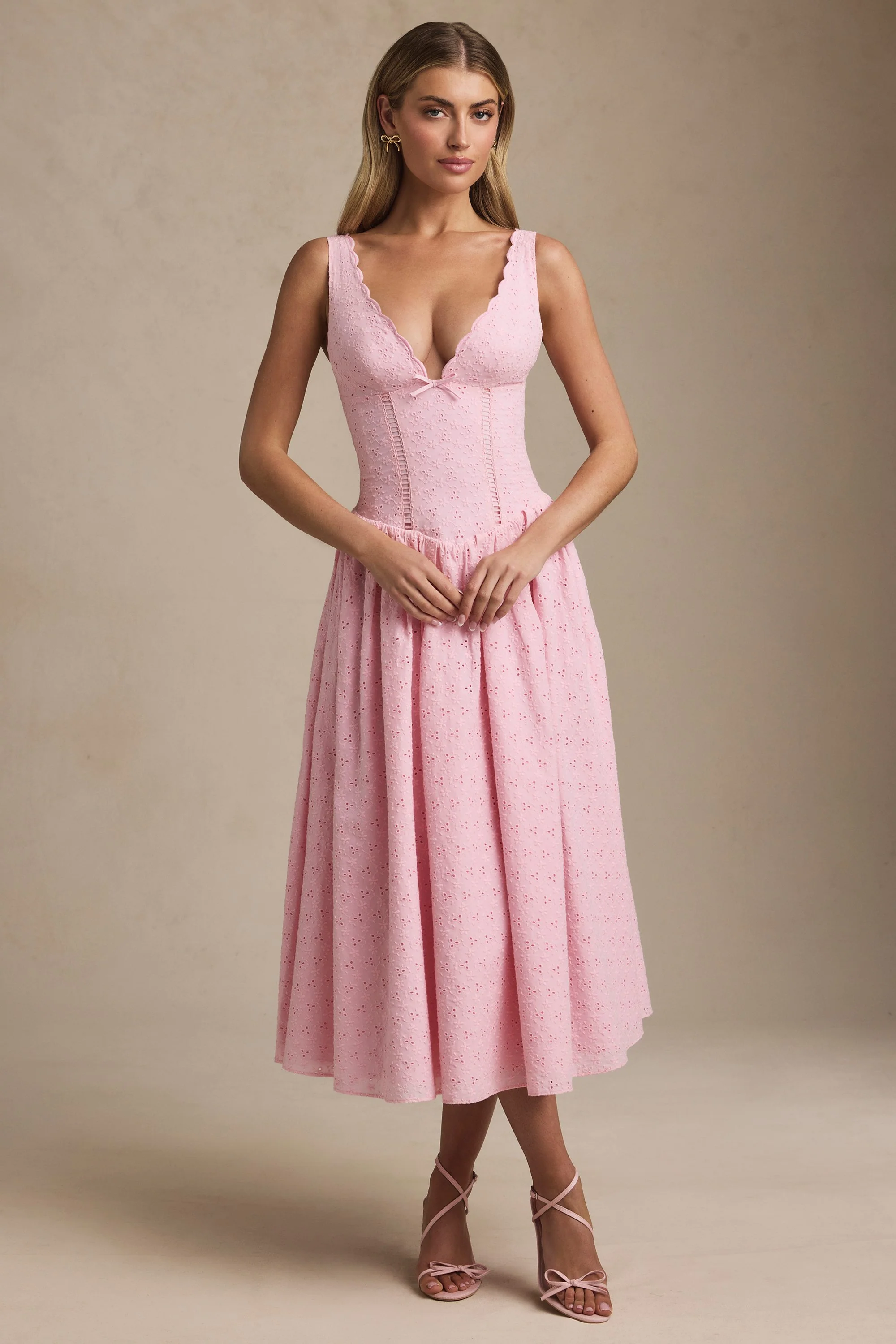 Broderie Anglaise Bow-Detail A-Line Midaxi Dress in Soft Pink - TREBLEV