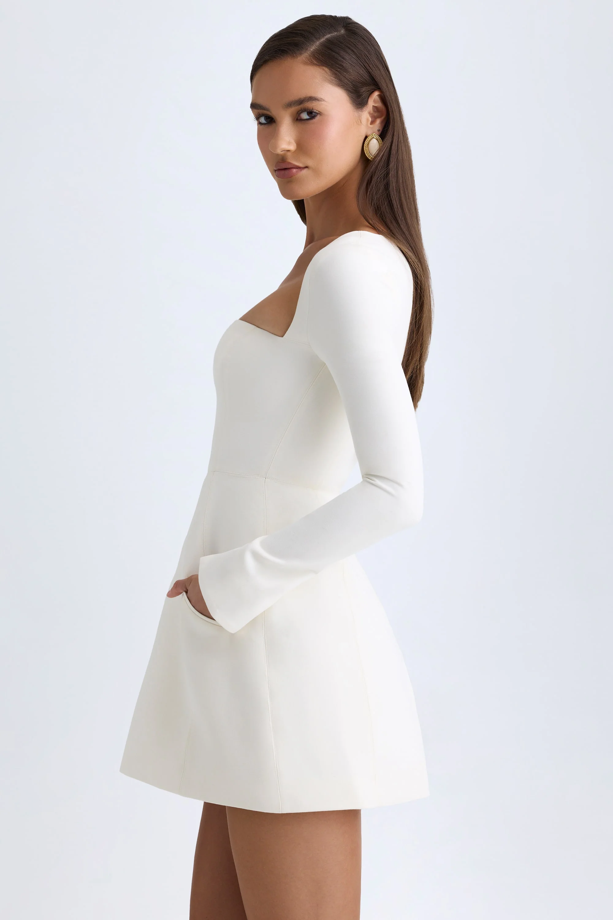 Square-Neck Structured Tulip Mini Dress in Vanilla - TREBLEV