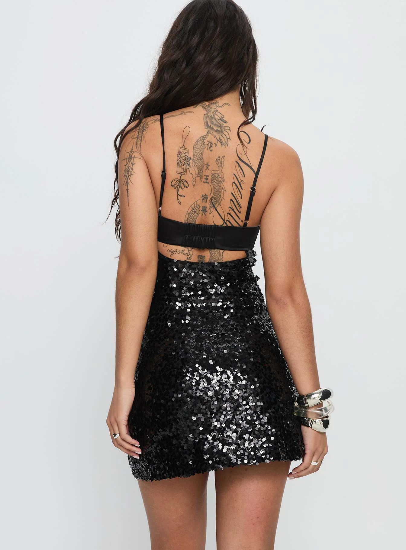 Alishia Satin Sequin Corset Mini Dress Black - TREBLEV