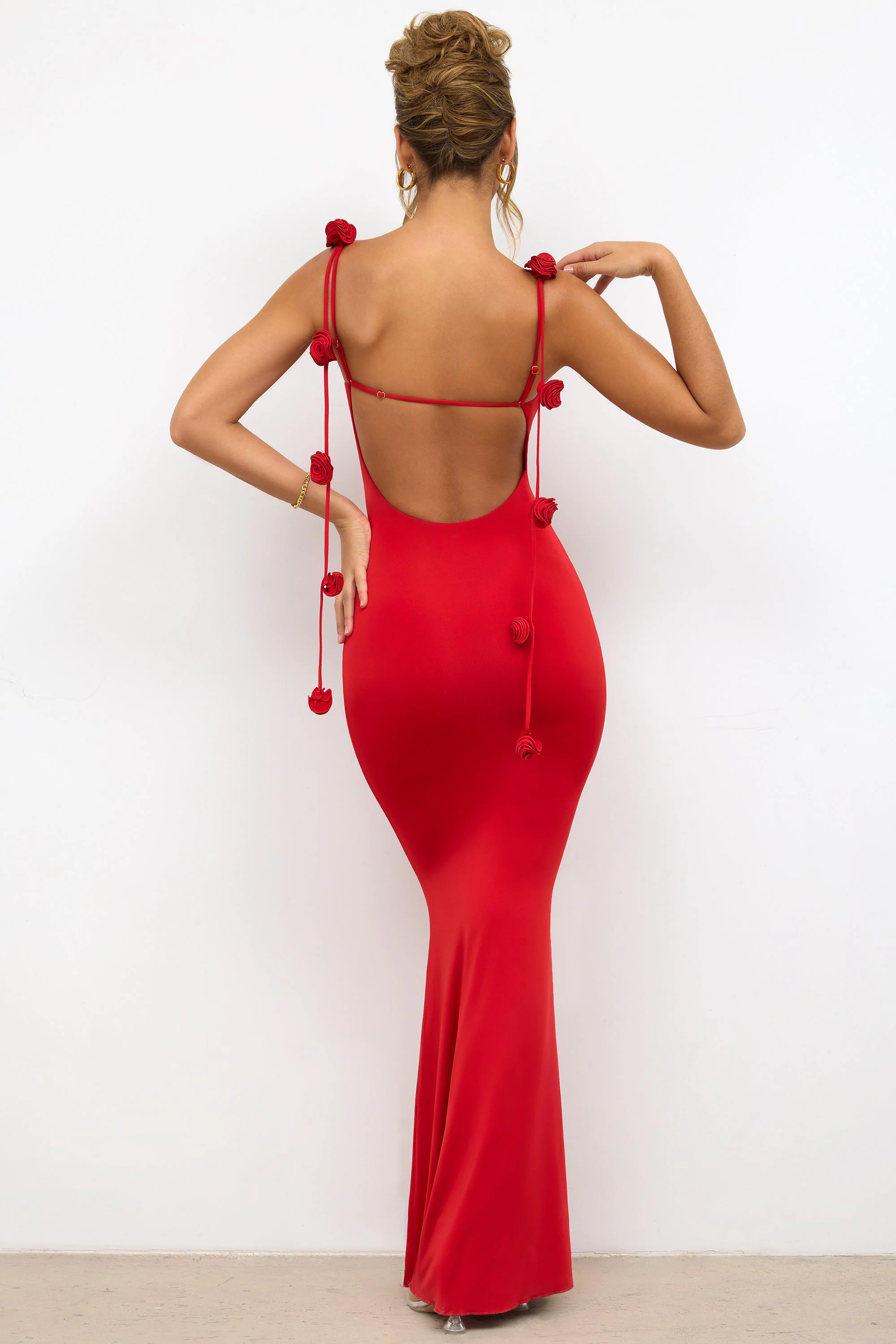 Slinky Jersey Rose Detail Evening Gown in Scarlet Red - TREBLEV