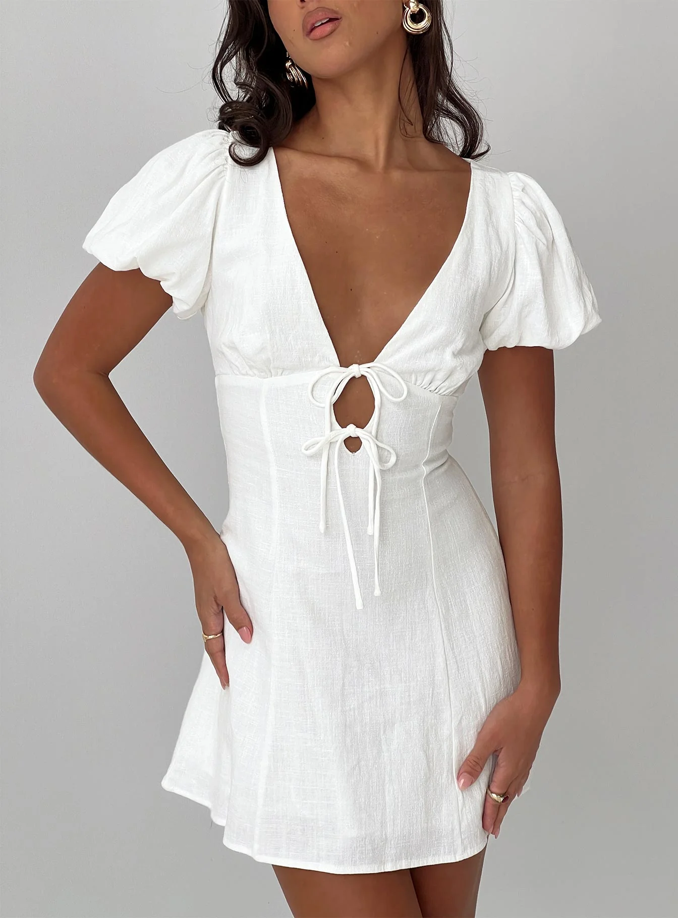 Beloved Puff Sleeve Linen Blend Mini Dress White - TREBLEV