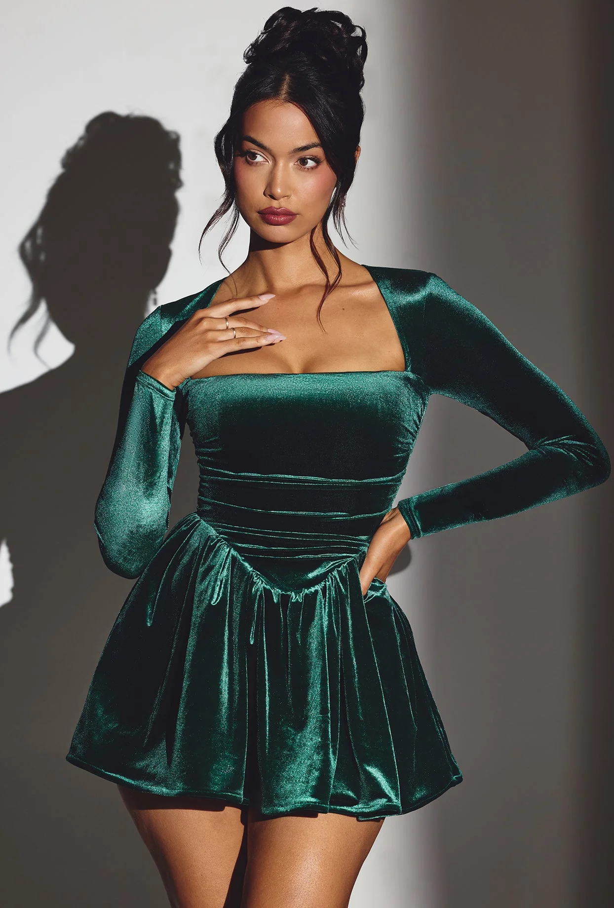 Velvet Long Sleeve Corset Mini Dress in Emerald Green - TREBLEV