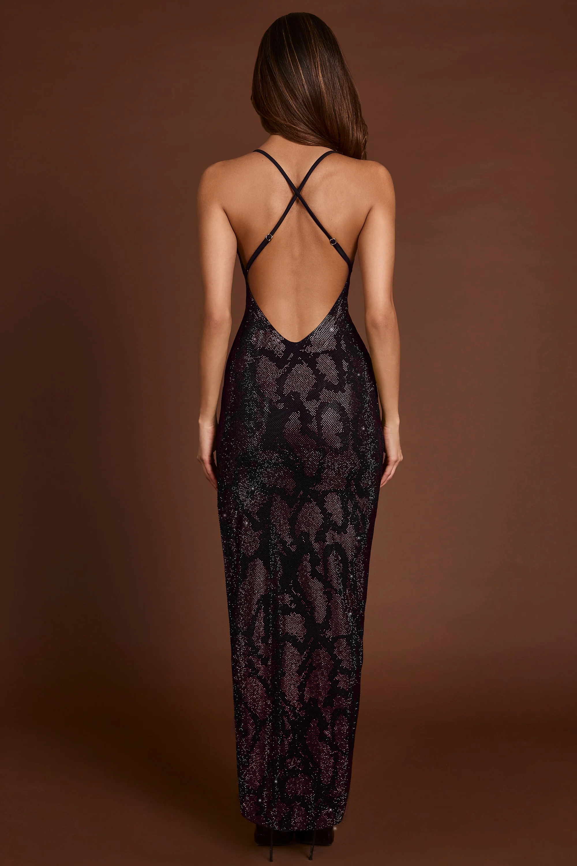Embellished Halterneck Maxi Dress in Purple Snake - TREBLEV