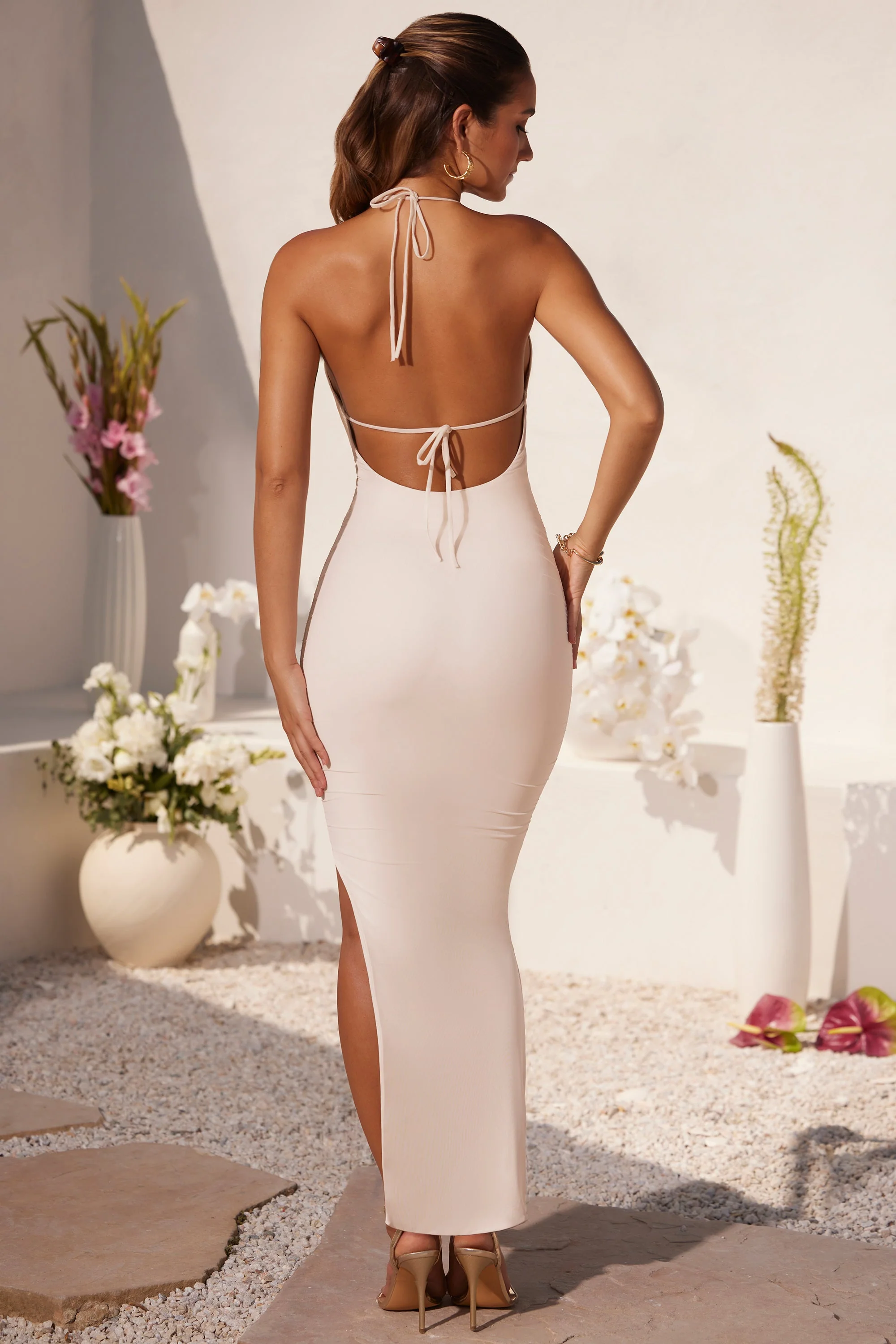 Plunge Cowl Neck Floor Length Dress in Ivory - TREBLEV