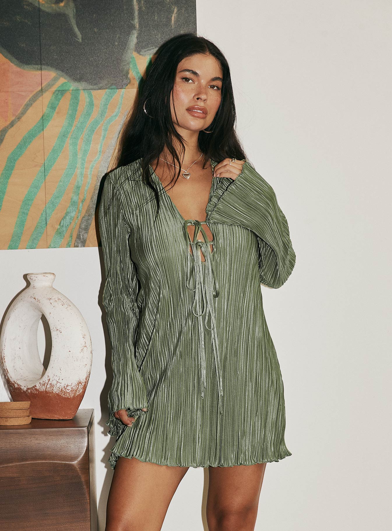 Malop Long Sleeve Mini Dress Sage - TREBLEV