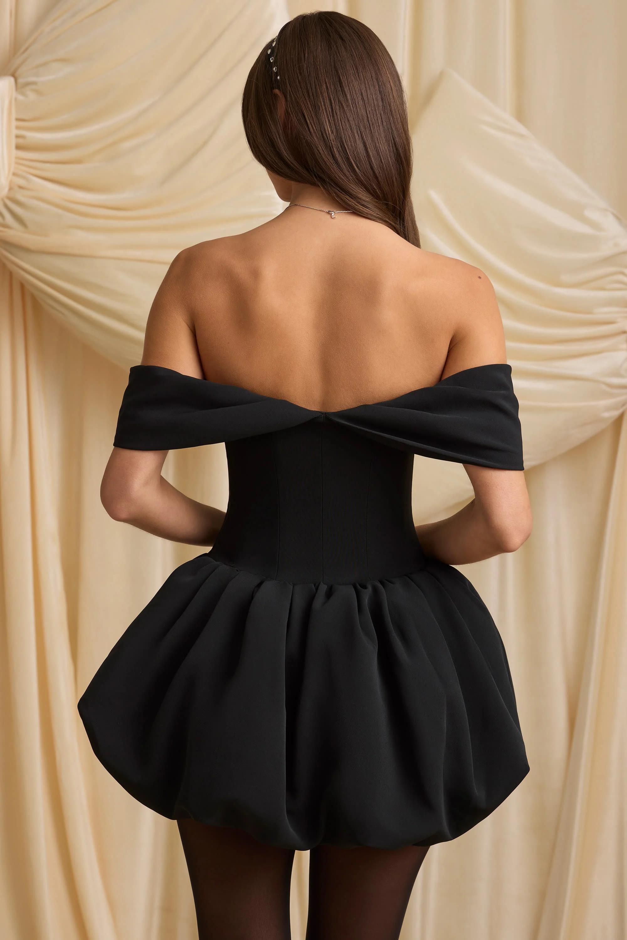 Off-Shoulder Layered Bubble Hem Corset Mini Dress in Black - TREBLEV