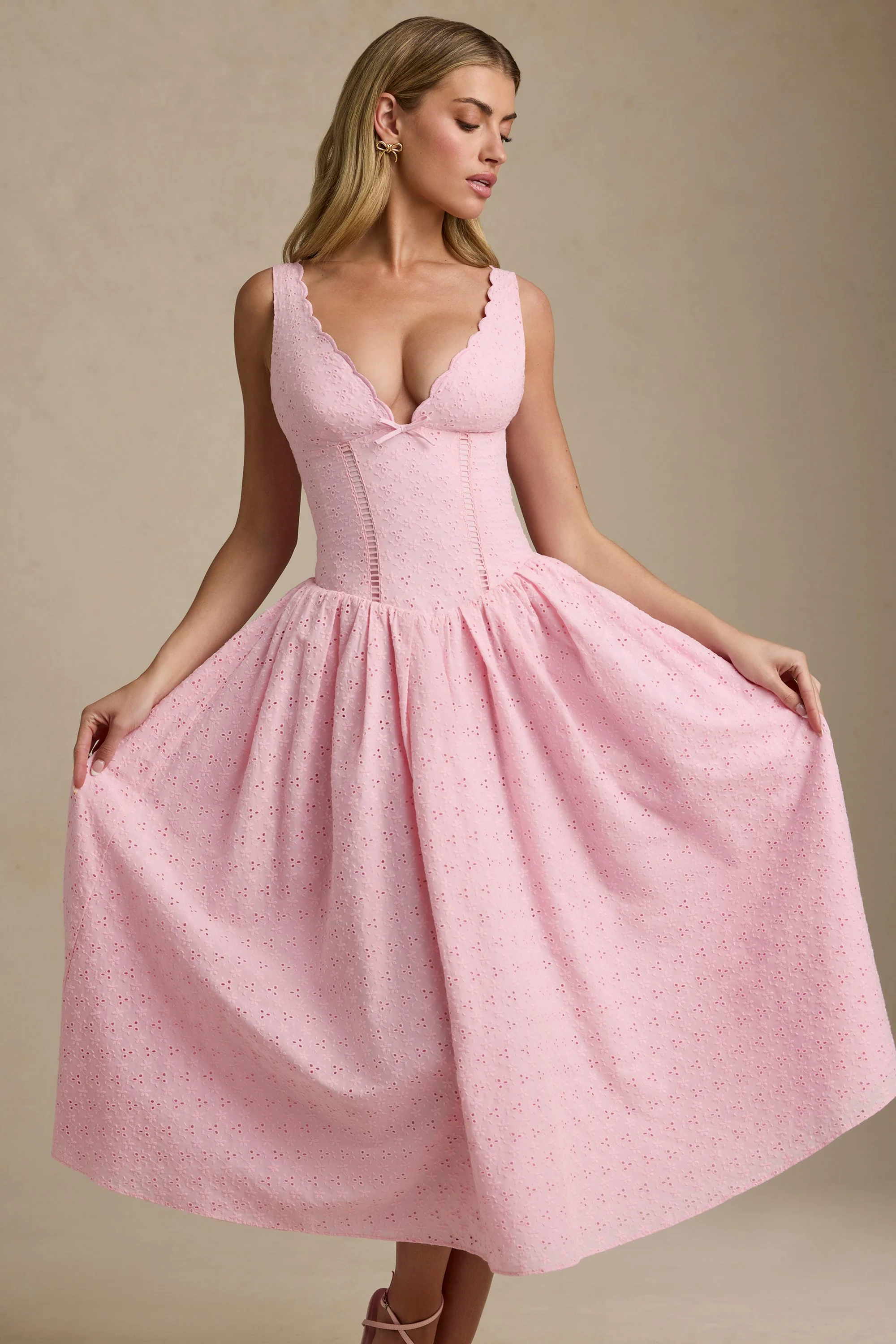 Broderie Anglaise Bow-Detail A-Line Midaxi Dress in Soft Pink - TREBLEV