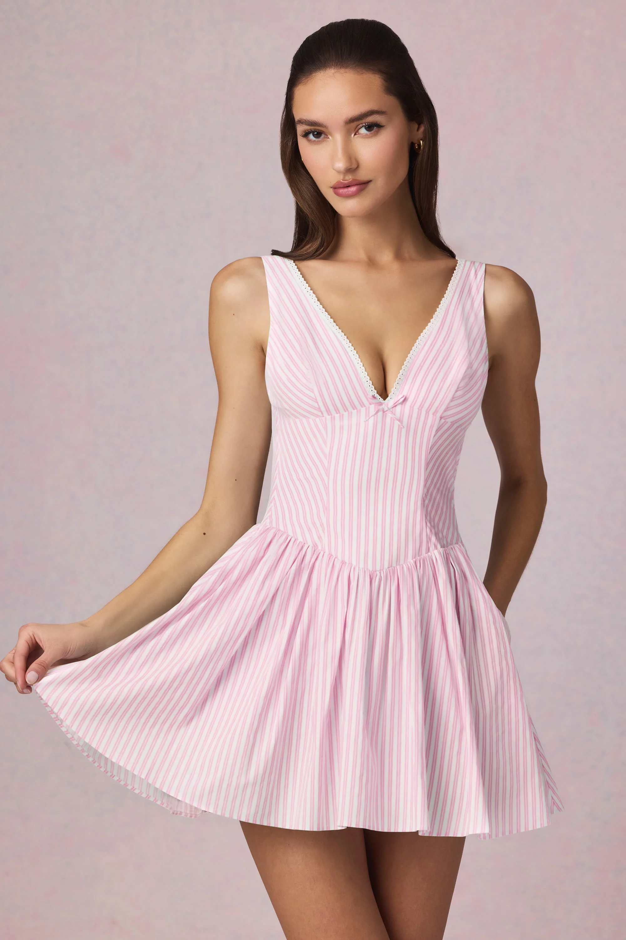 Bow-Detail A-Line Mini Dress in Soft Mauve Stripe - TREBLEV