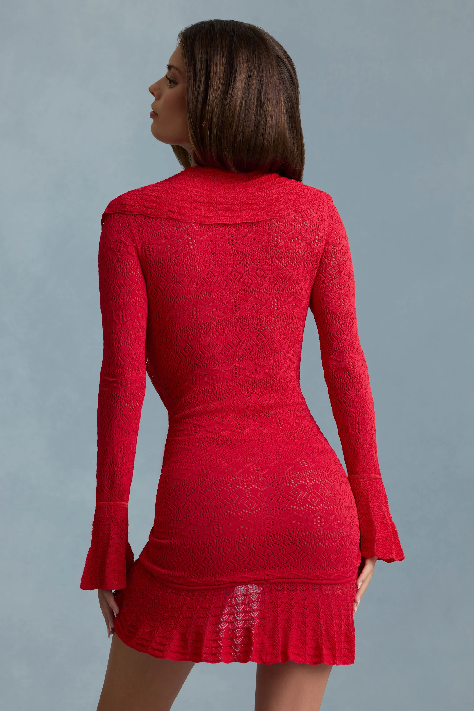 Ruffle-Trim Pointelle-Knit Mini Dress in Scarlet Red - TREBLEV