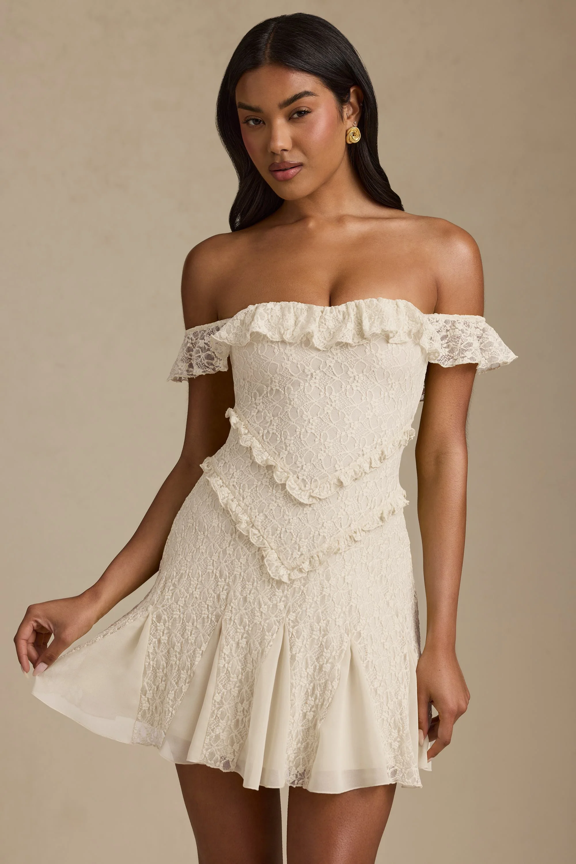Off-Shoulder Lace A-Line Mini Dress in Ivory - TREBLEV