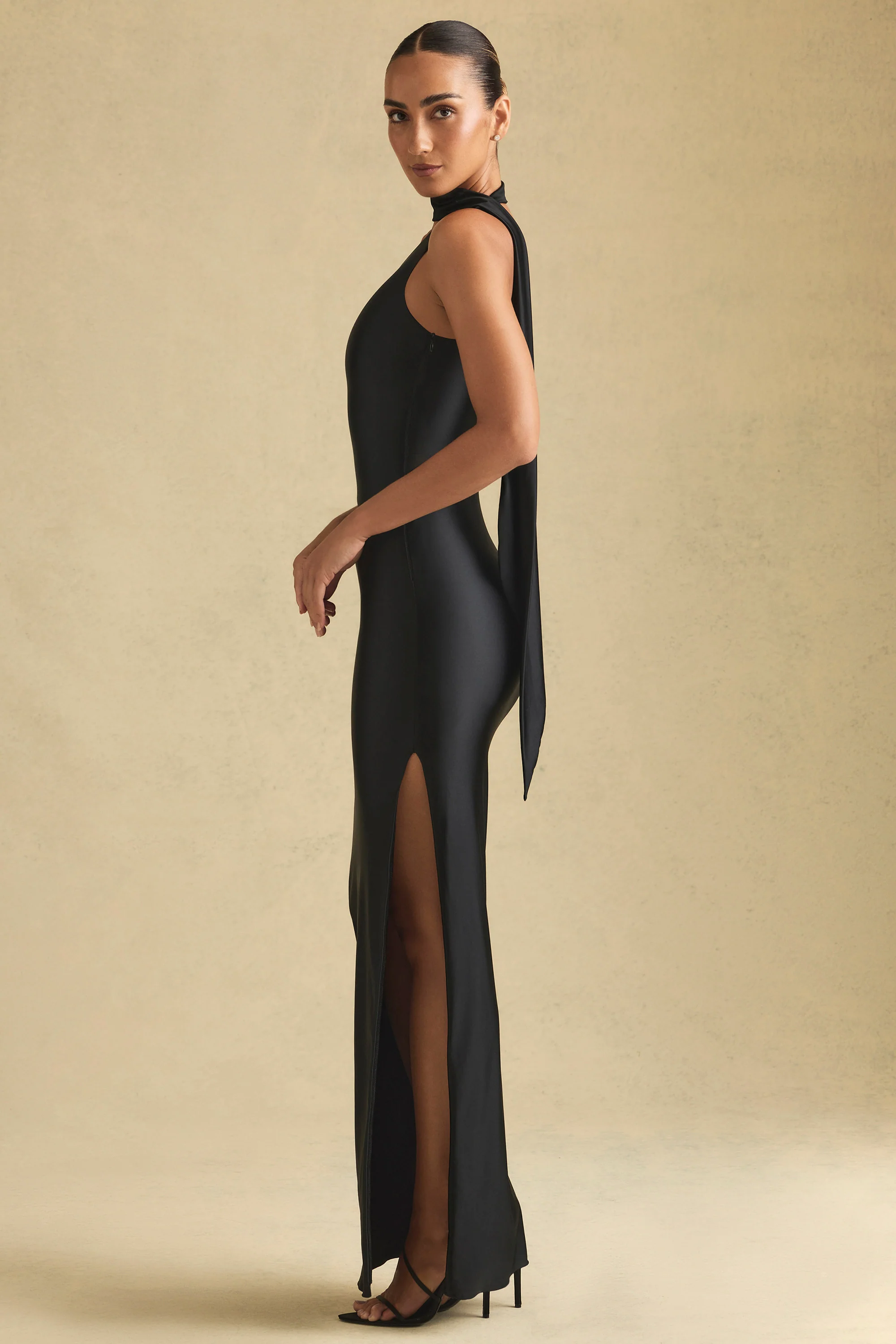 Asymmetric Scarf-Detail Maxi Dress in Black - TREBLEV