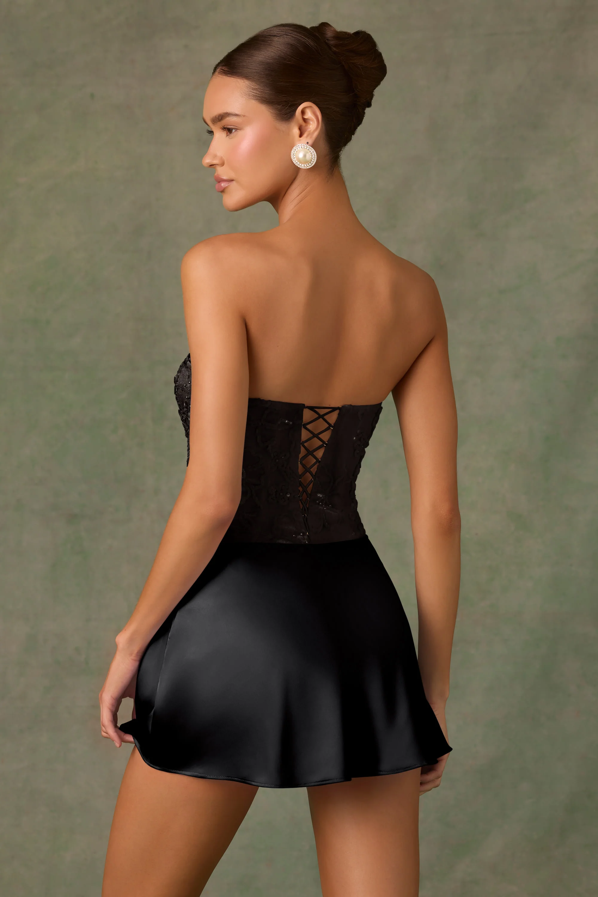 Embellished Draped Strapless A-Line Mini Dress in Black - TREBLEV