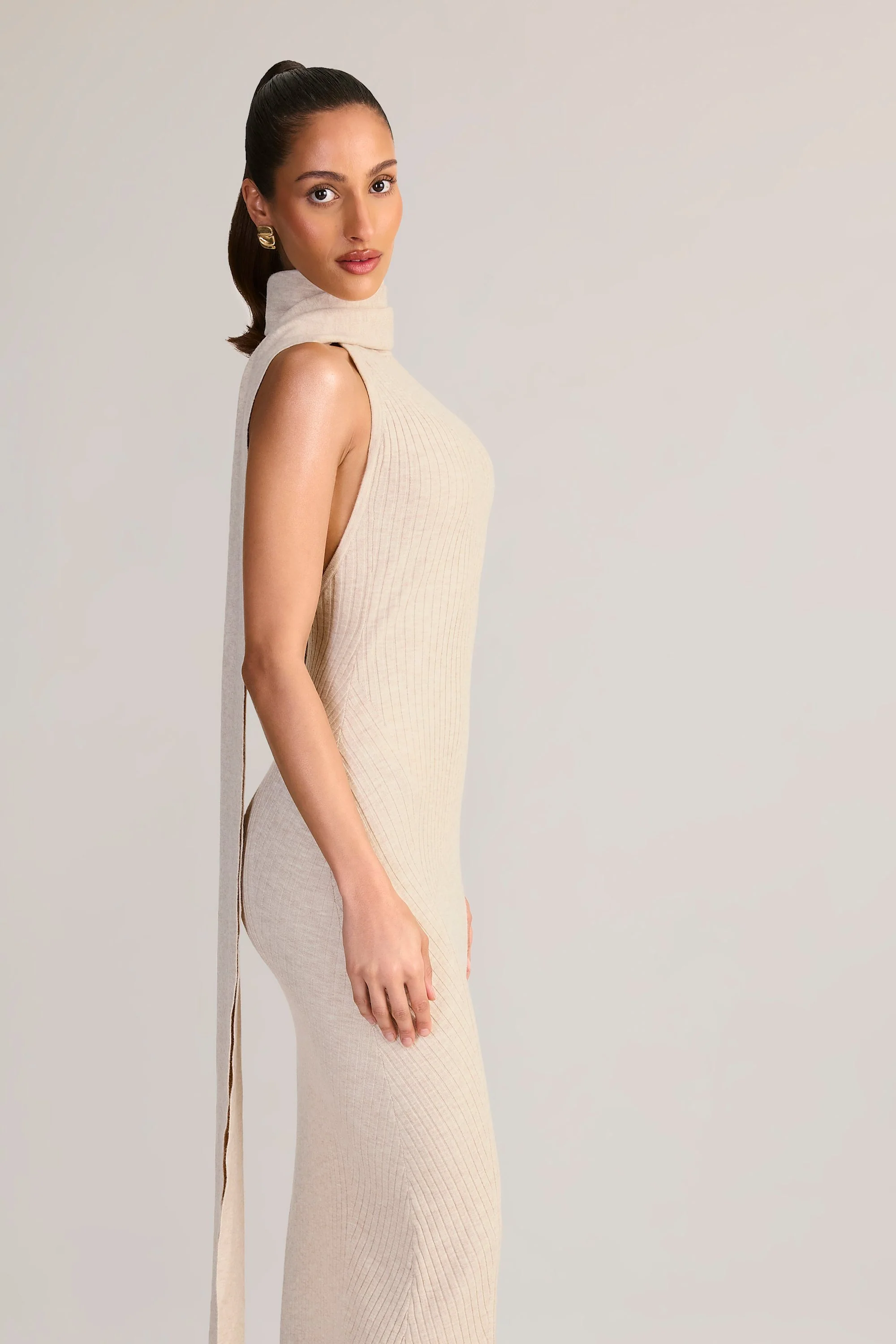 Knit Scarf-Detail Halterneck Maxi Dress in Cream - TREBLEV