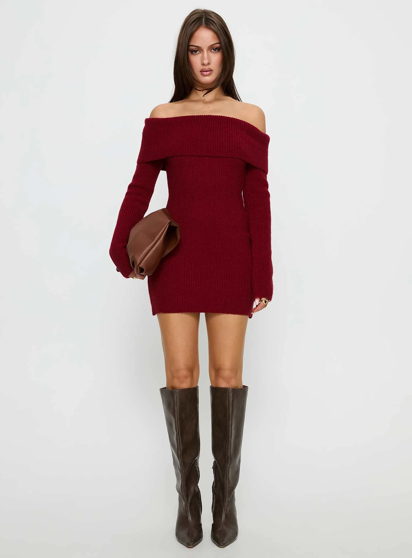 Noriko Long Sleeve Knit Mini Dress Burgundy - TREBLEV