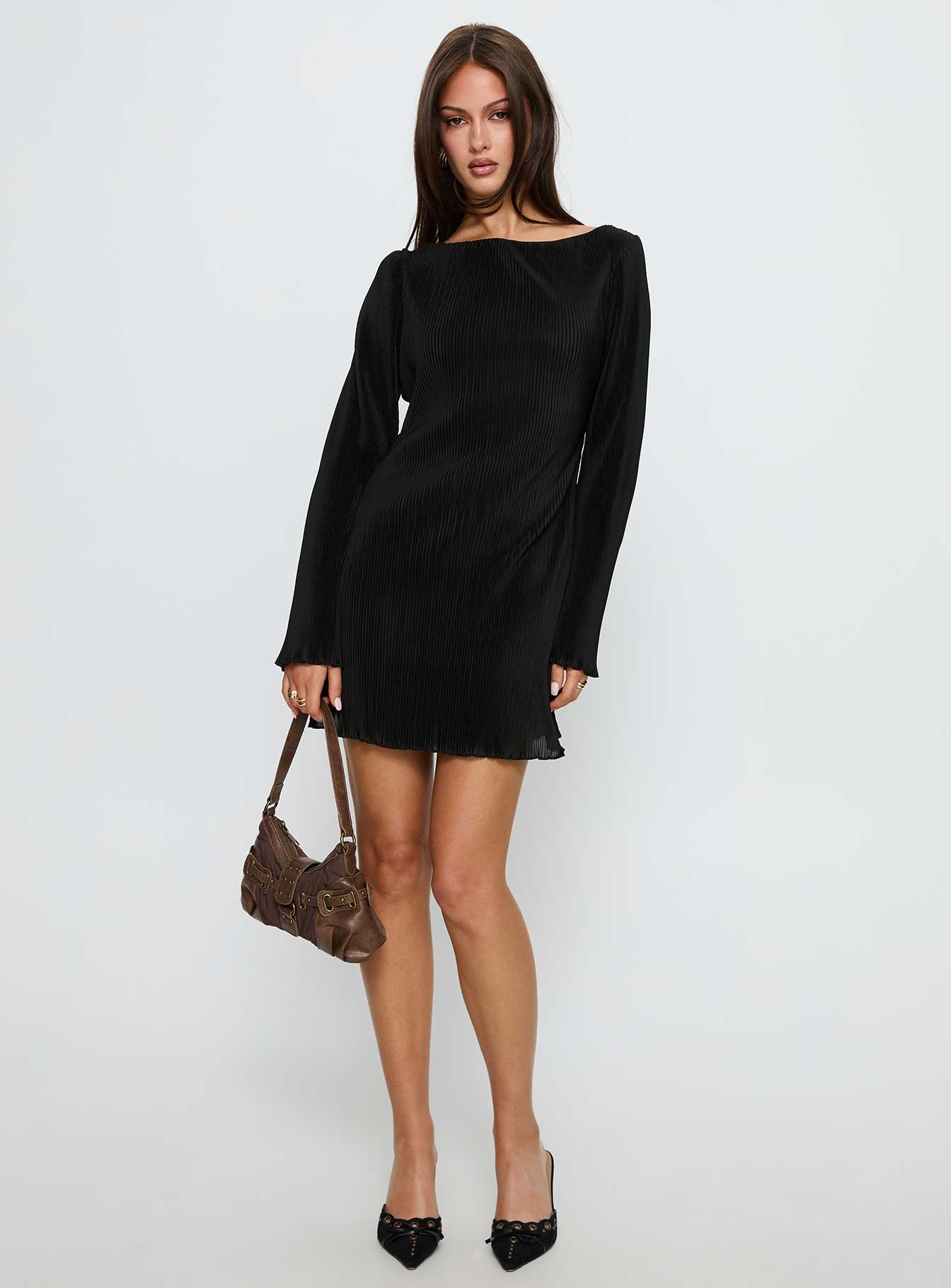 Lukea Long Sleeve Plisse Mini Dress Black - TREBLEV