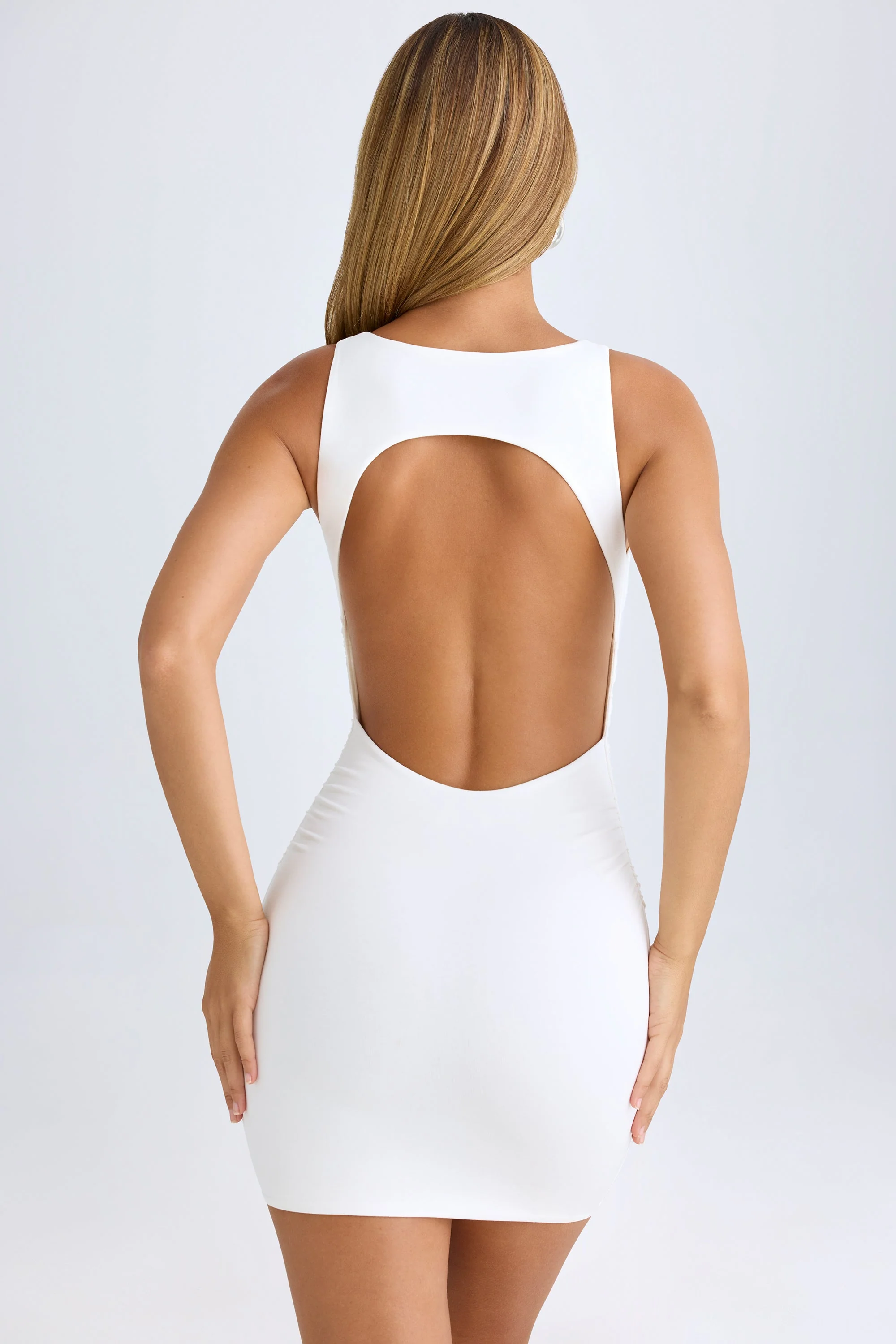 Modal High-Neck Open-Back Mini Dress in White - TREBLEV